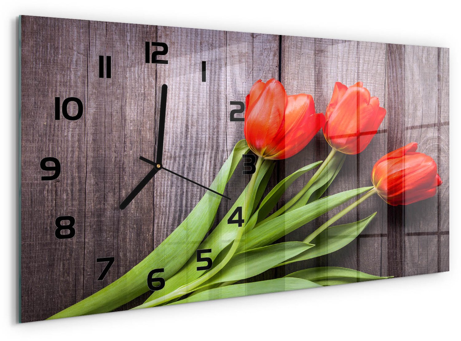 TULUP Wandklok - Rode tulpen Wandklok Glas Met Motief - 60x30 cm - Rood Decoratieve Glazen Klok - Zwarte handen - Rechthoekige Klok - Gekleurde Glazen Klok - Glazen Klok Met Print