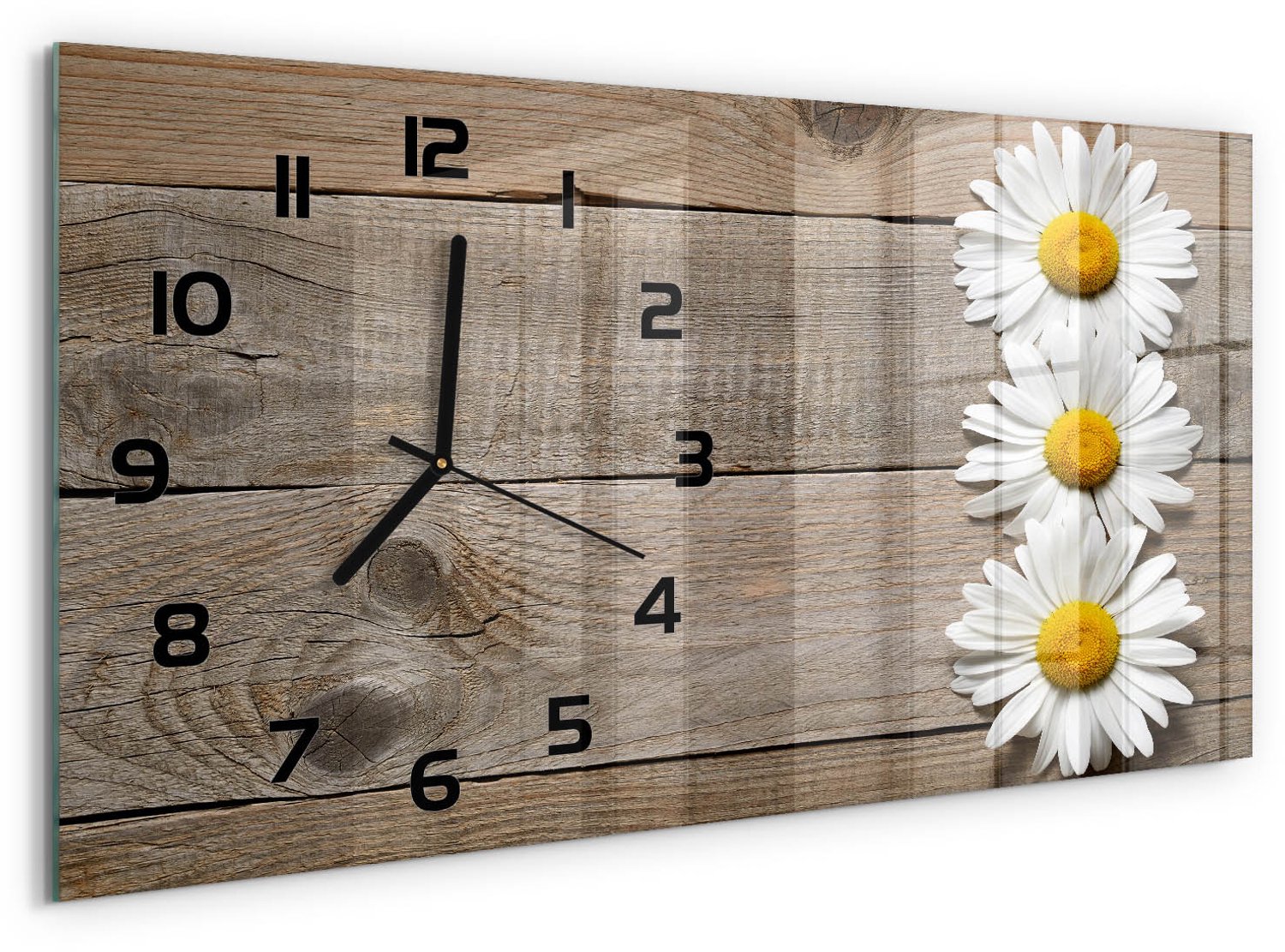 TULUP Wandklok - Madeliefjeshout Wandklok Glas Met Motief - 60x30 cm - Bruin Decoratieve Glazen Klok - Zwarte handen - Rechthoekige Klok - Gekleurde Glazen Klok - Glazen Klok Met Print