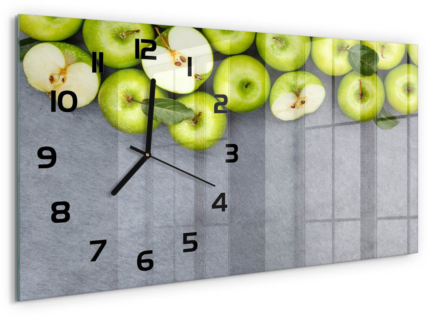 TULUP Wandklok - Groene appels Glazen Klok Met Print - 60x30 cm - Groente Wandklok Glas Met Motief - Zwarte handen - Rechthoekige Klok - Wandklok Glas Decoratie - Gekleurde Glazen Klok
