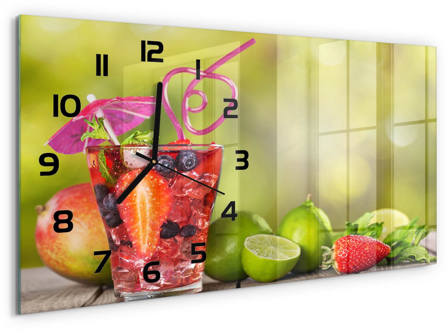 TULUP Wandklok - Fruitcocktail Klok Glas Met Opdruk - 60x30 cm - Veelkleurig Moderne Wandklok Glas - Zwarte handen - Rechthoekige Klok - Decoratieve Glazen Klok - Glazen Wandklok Design