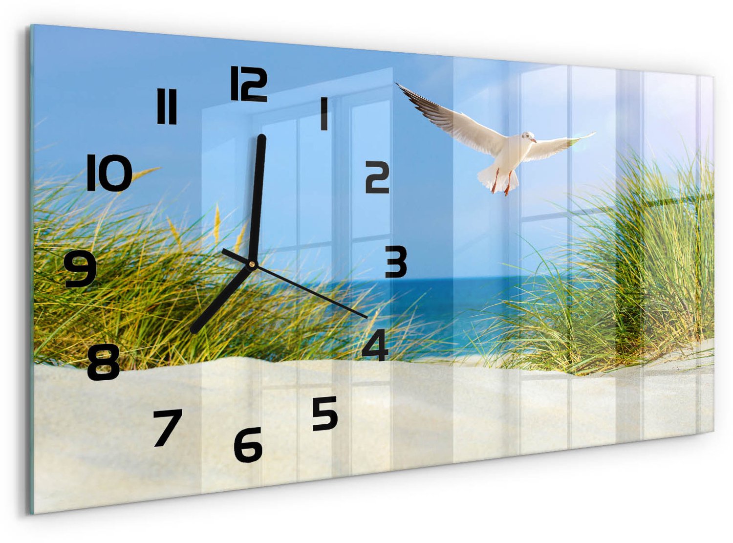 TULUP Wandklok - Meeuw boven de duinen Wandklok Glas Met Motief - 60x30 cm - Blauw Decoratieve Glazen Klok - Zwarte handen - Rechthoekige Klok - Gekleurde Glazen Klok - Glazen Klok Met Print