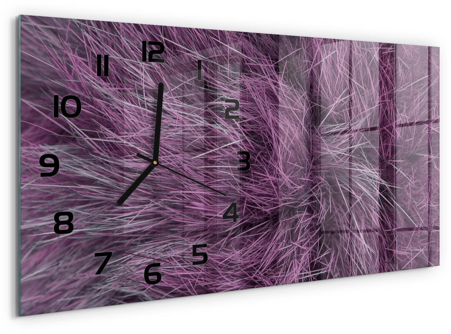 TULUP Wandklok - Roze bont Decoratieve Glazen Klok - 60x30 cm - Roze Glazen Wandklok Design - Zwarte handen - Rechthoekige Klok - Glazen Klok Met Print - Wandklok Glas Met Motief