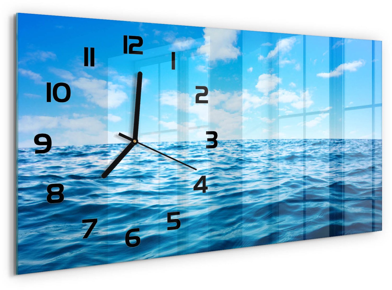 TULUP Wandklok - Zeewater Decoratieve Glazen Klok - 60x30 cm - Blauw Glazen Wandklok Design - Zwarte handen - Rechthoekige Klok - Glazen Klok Met Print - Wandklok Glas Met Motief