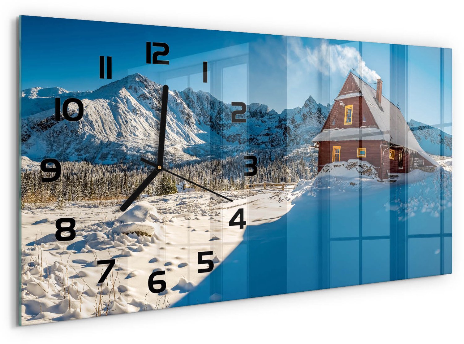 TULUP Wandklok - Huis in de bergen Decoratieve Glazen Klok - 60x30 cm - Blauw Glazen Wandklok Design - Zwarte handen - Rechthoekige Klok - Glazen Klok Met Print - Wandklok Glas Met Motief