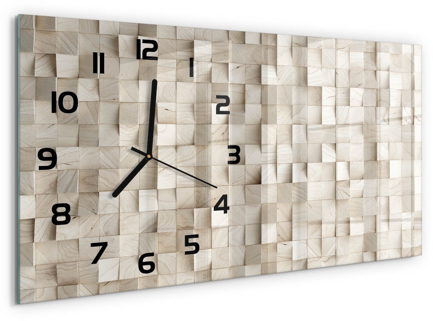 TULUP Wandklok - Houten kubussen Glazen Wandklok Design - 60x30 cm - Beige Klok Glas Met Opdruk - Zwarte handen - Rechthoekige Klok - Wandklok Glas Met Motief - Decoratieve Glazen Klok