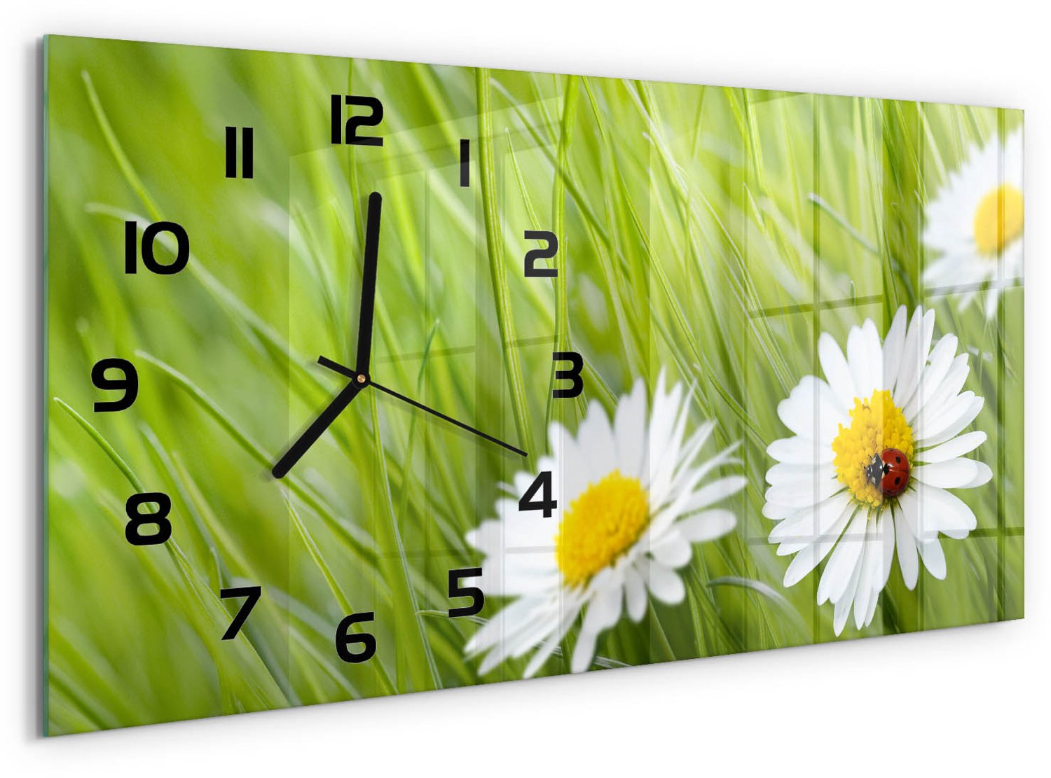 TULUP Wandklok - Madeliefje Gekleurde Glazen Klok - 60x30 cm - Groente Glazen Klok Met Print - Zwarte handen - Rechthoekige Klok - Moderne Wandklok Glas - Wandklok Glas Decoratie