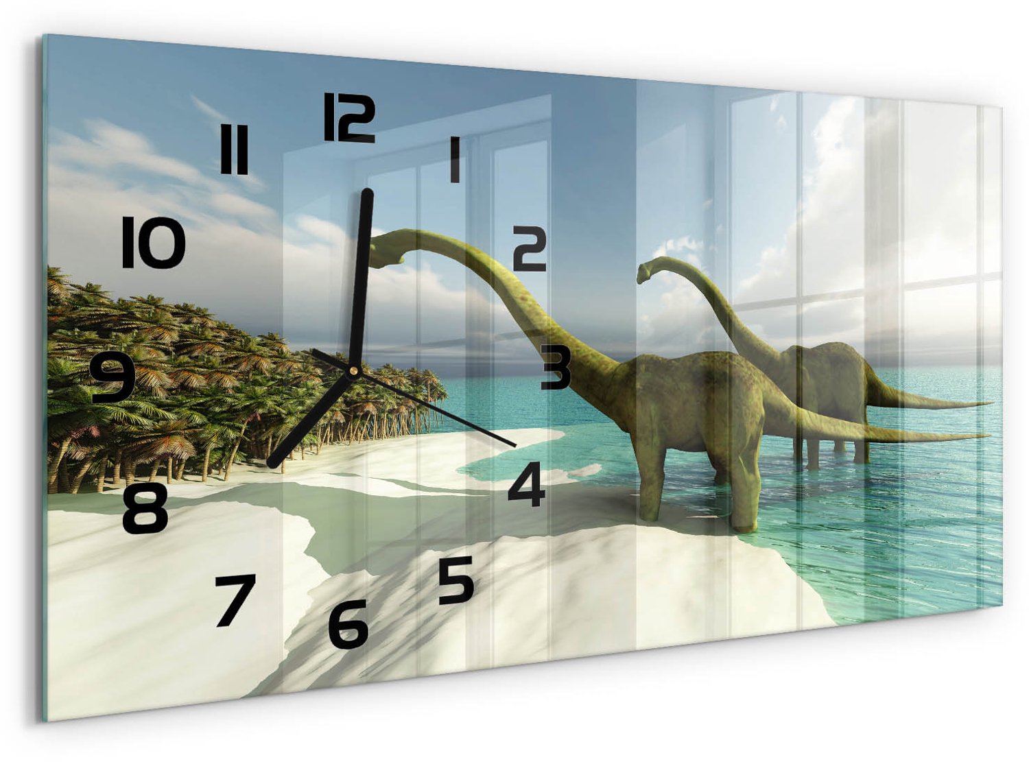 TULUP Wandklok - Dinosaurussen op het strand Glazen Klok Met Print - 60x30 cm - Blauw Wandklok Glas Met Motief - Zwarte handen - Rechthoekige Klok - Wandklok Glas Decoratie - Gekleurde Glazen Klok
