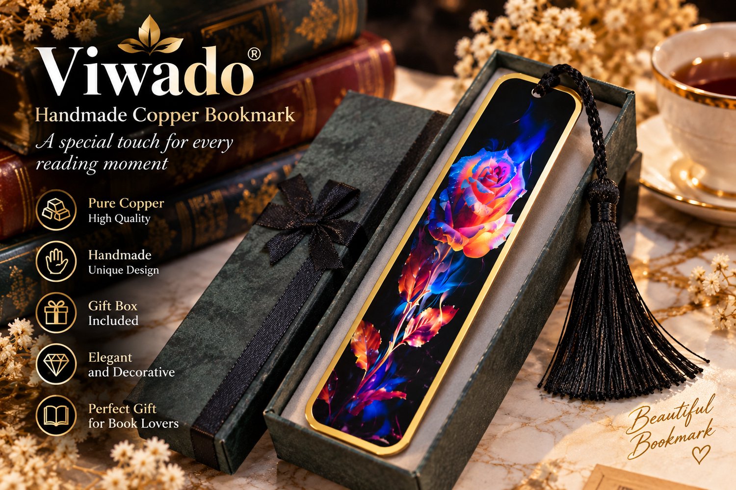 Viwado® Koperen Boekenlegger – Handgemaakte Metalen Boekenlegger met Bloemmotief en Kwast – Luxe Boekenlegger voor Boekenliefhebbers – Uniek Cadeau