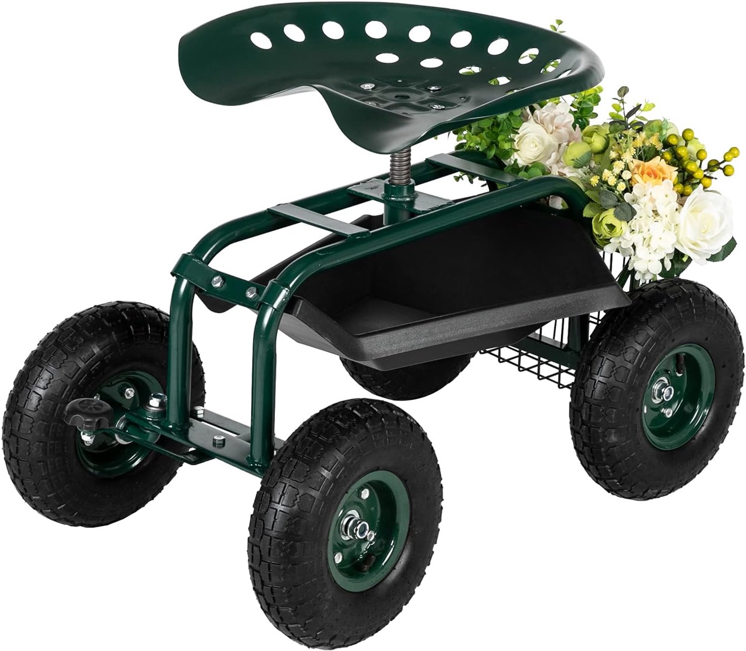 Tuinkar Tuinieren Werkstoel met Wielen, Rollende Werkstoel met Verstelbare 360 Graden Draaibare Zitting, Mand en Gereedschapsbak, Patio Wagon Scooter voor Gazon Yard Outdoor Planten