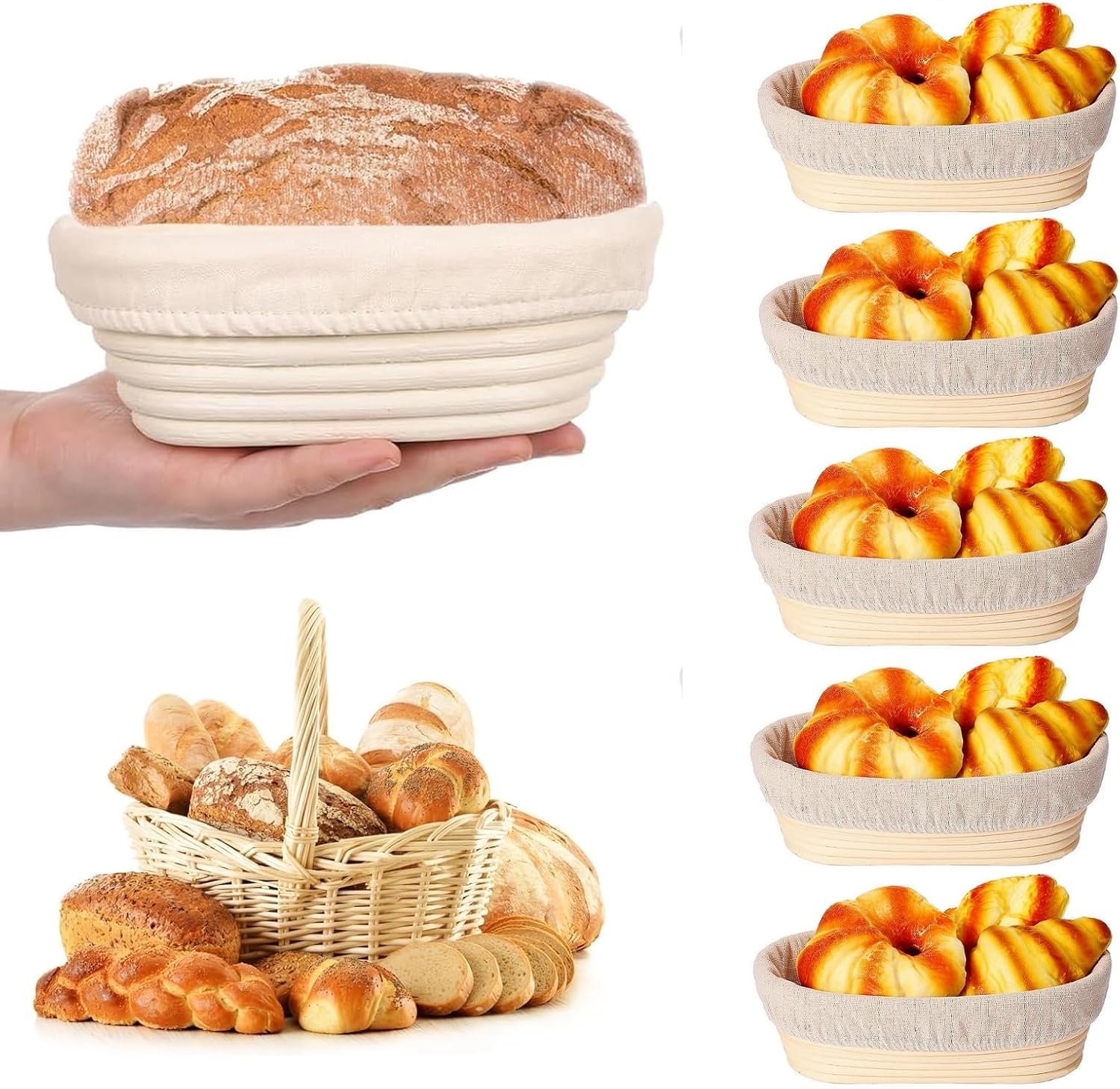 6 stuks ovale lange baneton broodwerende manden rotan mand met linnen voering zuurdesem brood bakbenodigdheden voor professionele en thuisbakkers, 17 x 11,9 x 6 cm