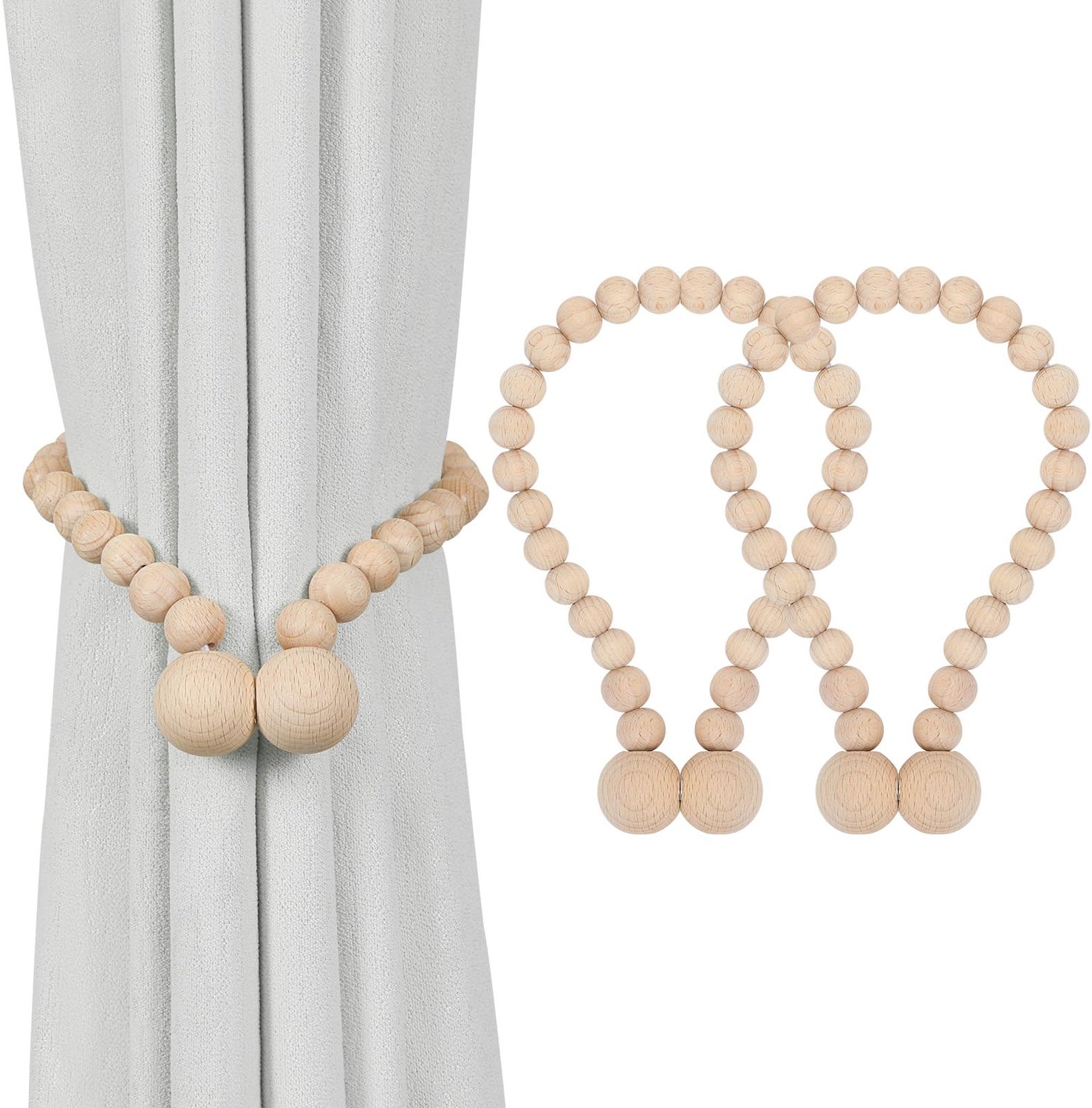 Magnetische gordijnhouders – Gordijnhouders met houten kralen (set van 2) – Minimalistische gordijnclips – Handgemaakte decoratieve gordijnaccessoires