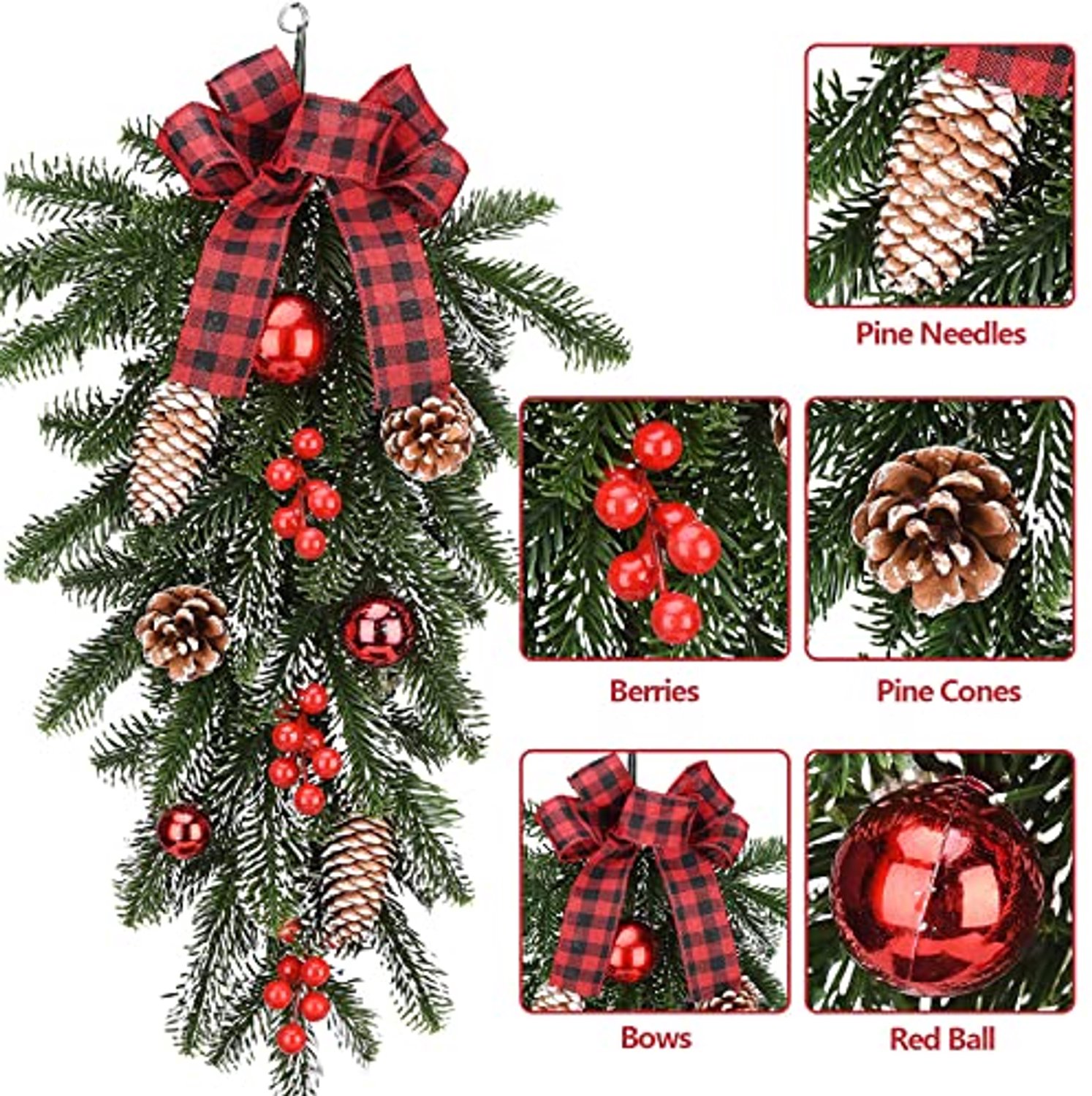2 stuks Kerstkrans van dennennaalden met strik, dennenappels en rode ballen - 55cm - decoratieve kerstkransen voor binnen en buiten - Kunstmatige kerstversieringen voor aan de muur of deur – foto 3