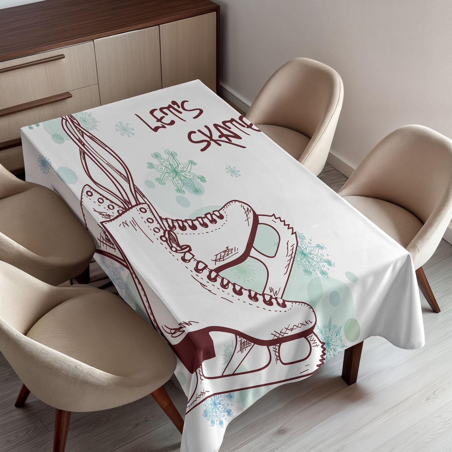 ABAKUHAUS Winter Tafelkleed, Retro Schaatsen met Sneeuwvlokkenachtergrond IJsschaatsen Kerst Digitale Print, Rechthoekig Tafelkleed voor Eetkamer Keukendecoratie, 130 x 150 cm, Groen Bruin
