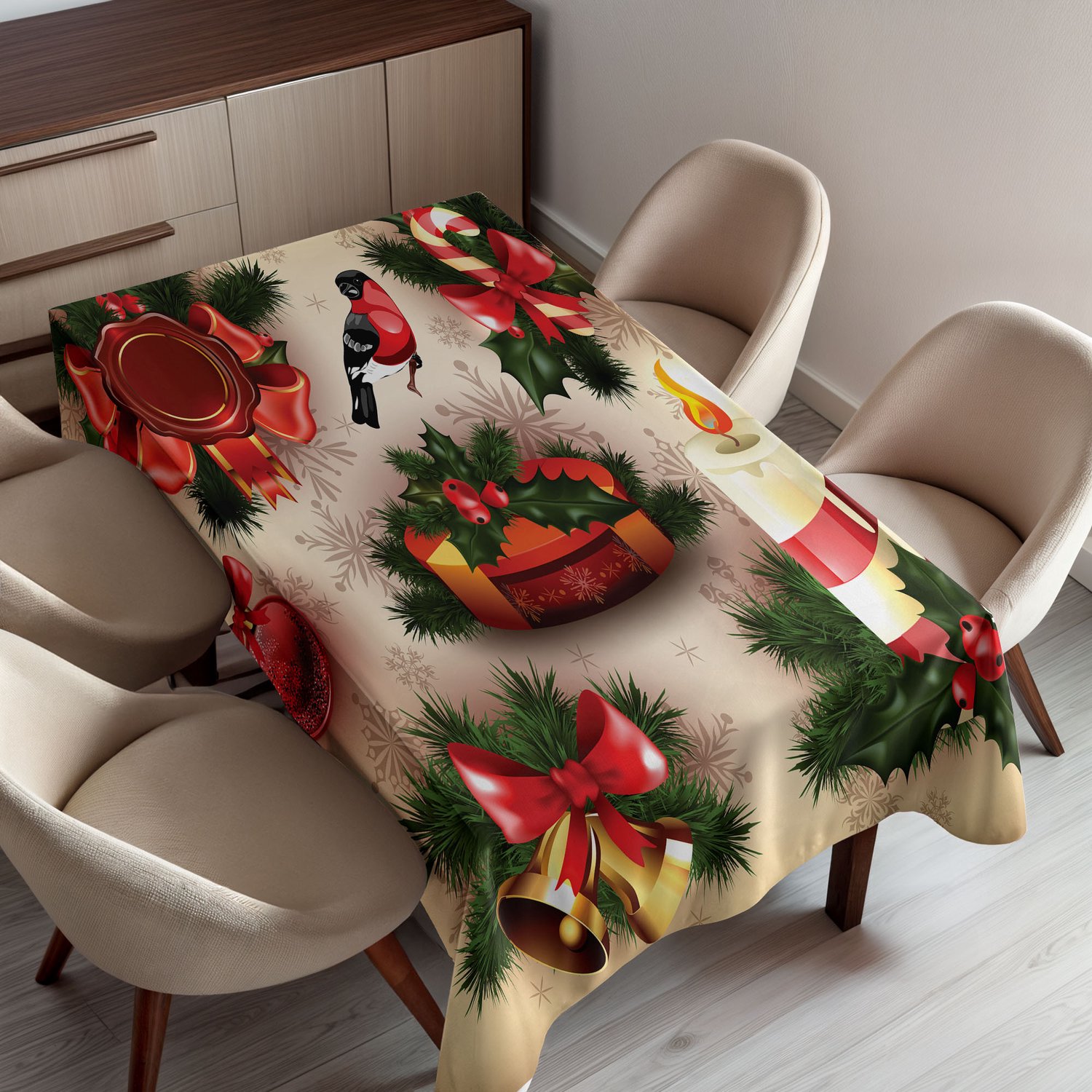 ABAKUHAUS Kerst Tafelkleed, Vintage Klassieke Kaars Bel Maretak Lint en Vogel Kunstprint, Rechthoekig Tafelkleed voor Eetkamer Keukendecoratie, 150 x 200 cm, Smaragd Crème