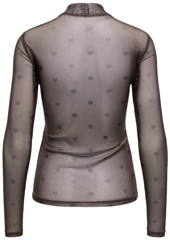 Bruine mesh top met lange mouwen en een all-over hartjesprint.