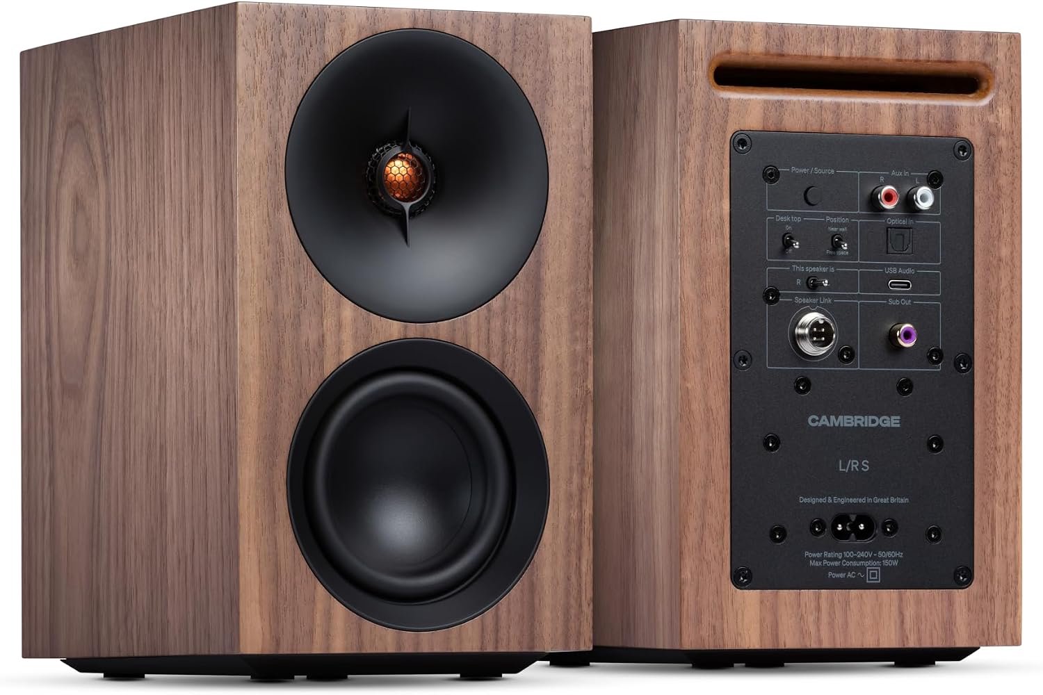 S - 100W Compacte Actieve Stereo Luidsprekers met aptX HD Bluetooth, USB Audio, Aux & Optische Ingang, Subwoofer Uitgang, Afstandsbediening, Room Positioning, DynamEQ – Walnoot