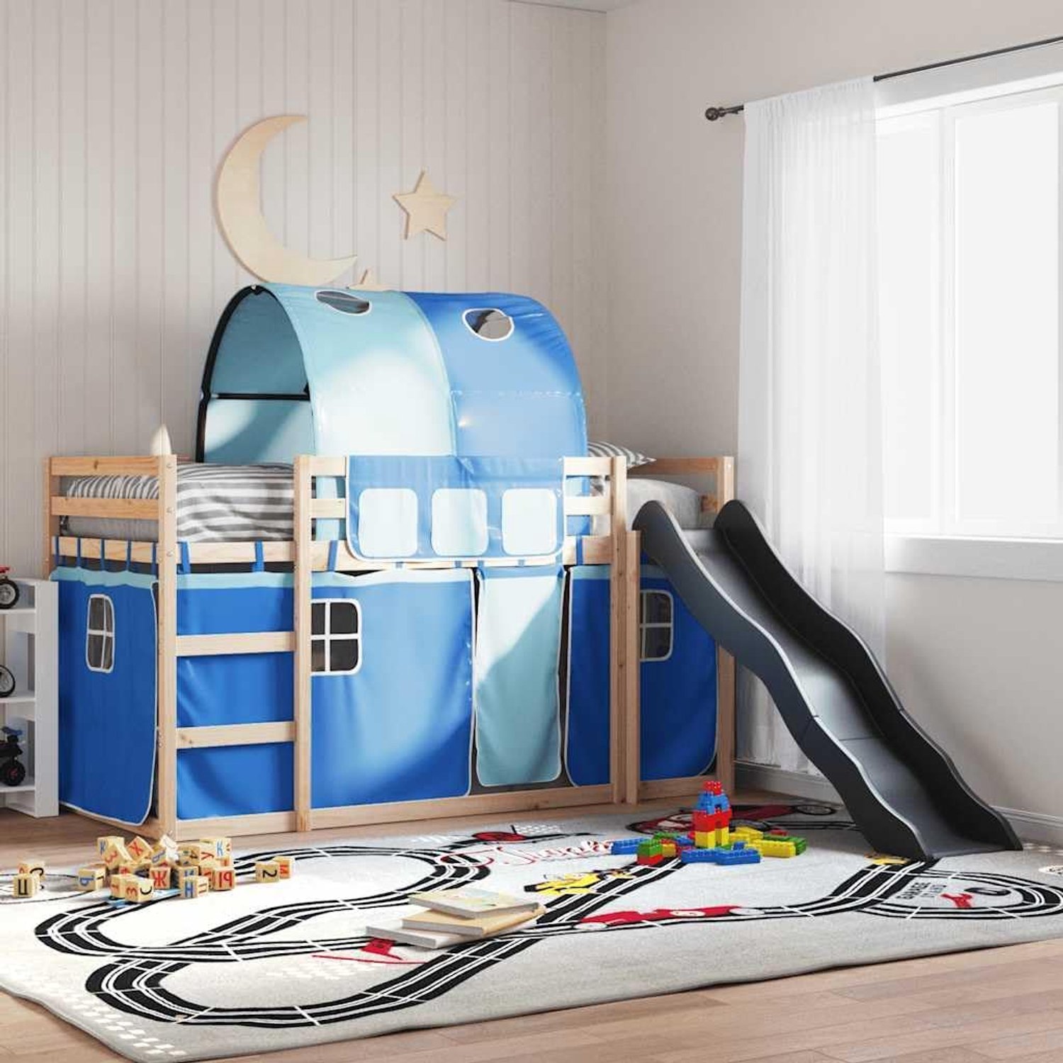 Grenenhouten stapelbed met gordijnen blauw 80x200 cm