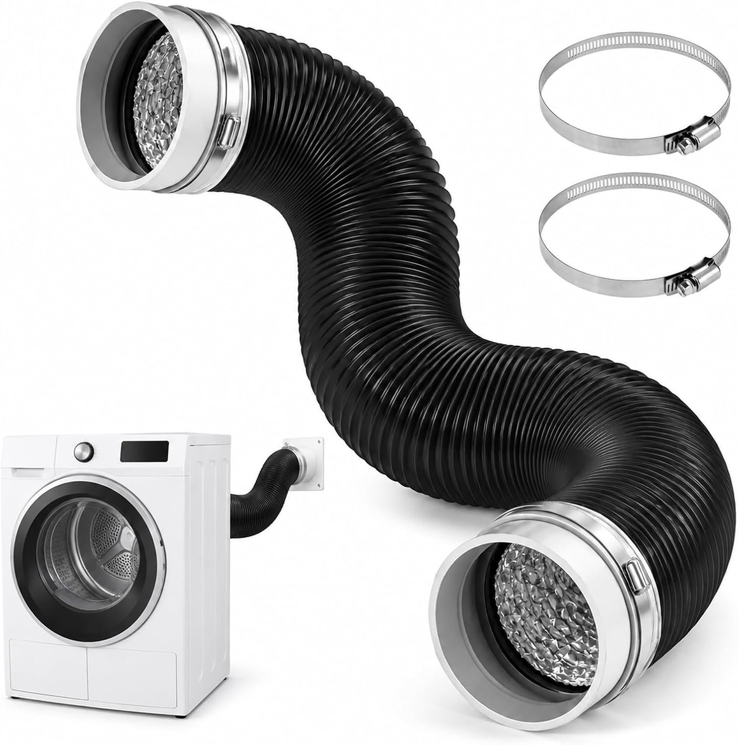 100 mm, flexibele pvc-aluminium buis met zachte rubberen aansluiting en 2 slangklemmen, 4-laagse ventilatieslang voor droger, warme lucht en extra verwarming