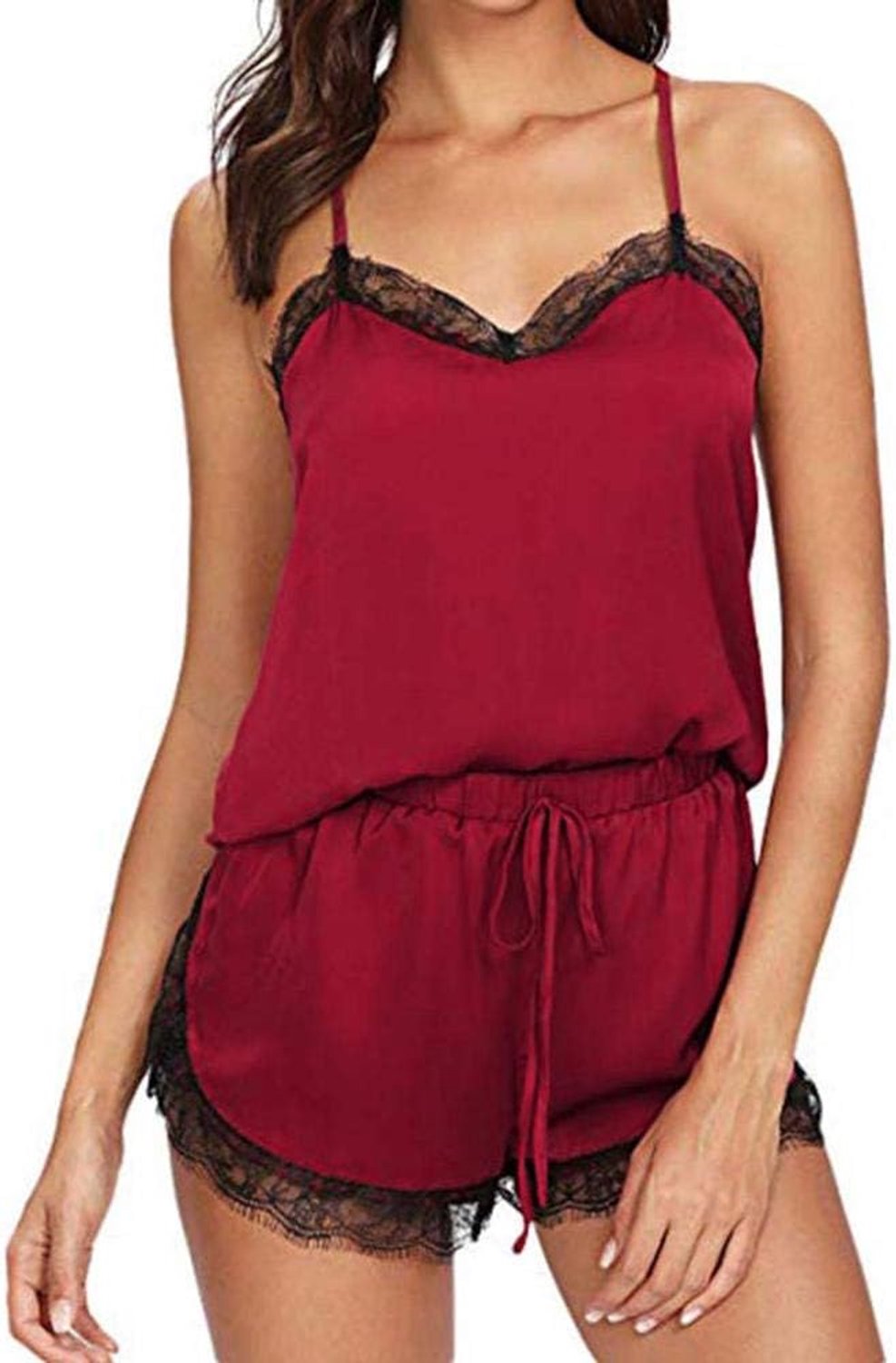 & jarretels Dames Sexy Lingerie Nachtkleding Mouwloze Satijnen Nachtjapon Pyjama Sets-Wine_Red_S