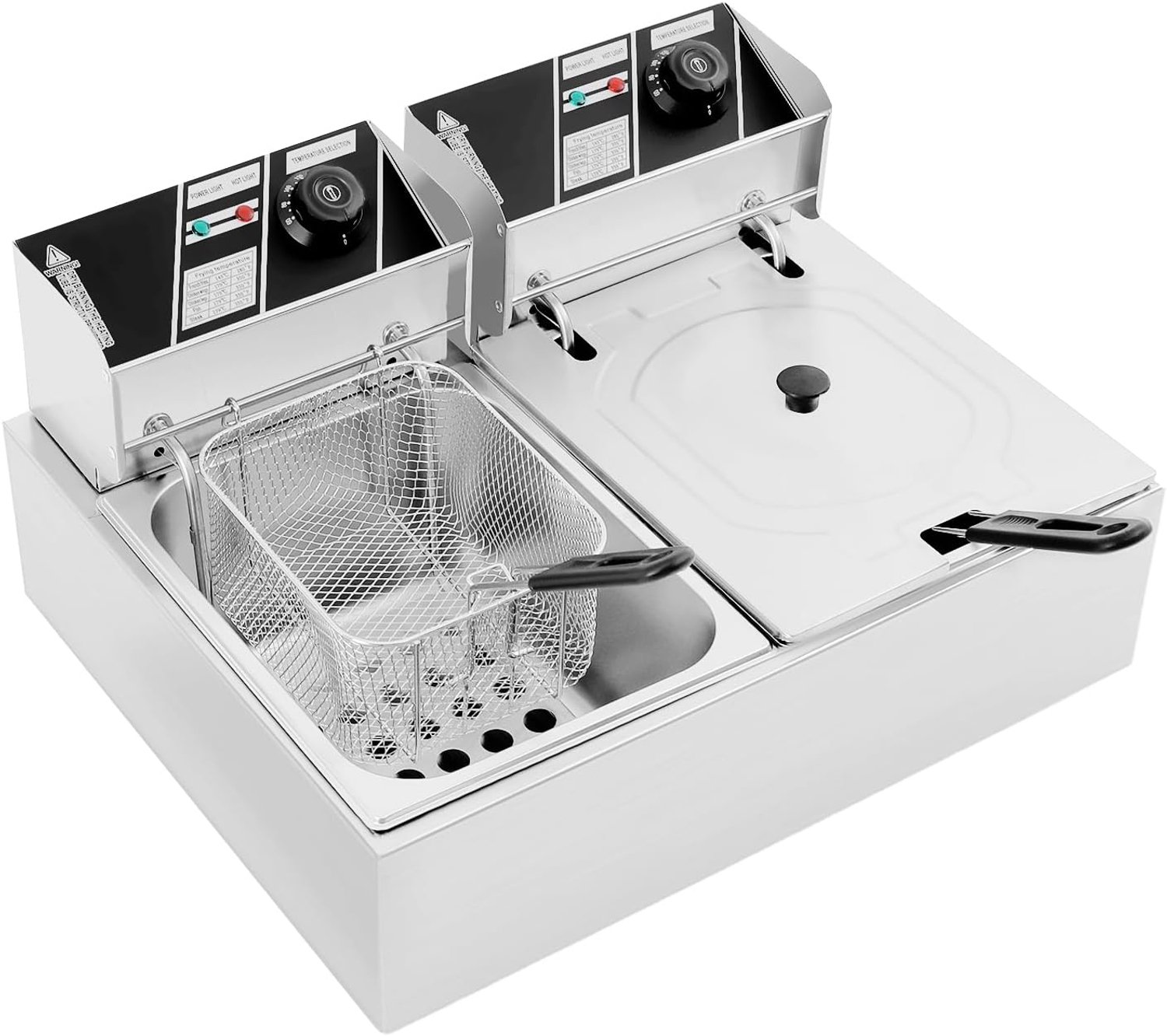 2 x 2,5 kW dubbele elektrische friteuse, 2 x 6 l roestvrijstalen opzetfriteuse voor commercieel gebruik, dubbele olie-friteuse met filtermanden, temperatuurbereik 60-200 °C, voor privéhuishoudens