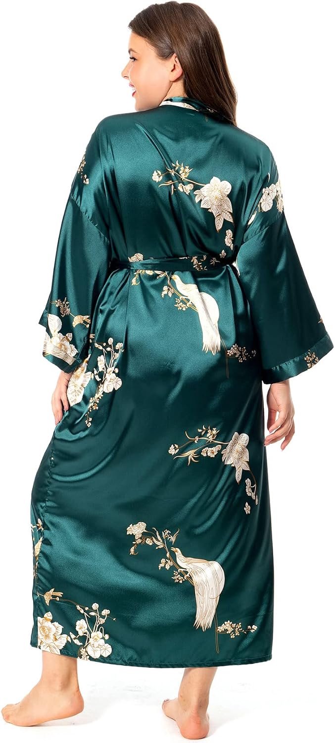 Badjassen met bloemen voor dames, grote maten, lange zijden gewaden, pauw, bloemen, kimono, nachtkleding, ochtendjas — afbeelding 3