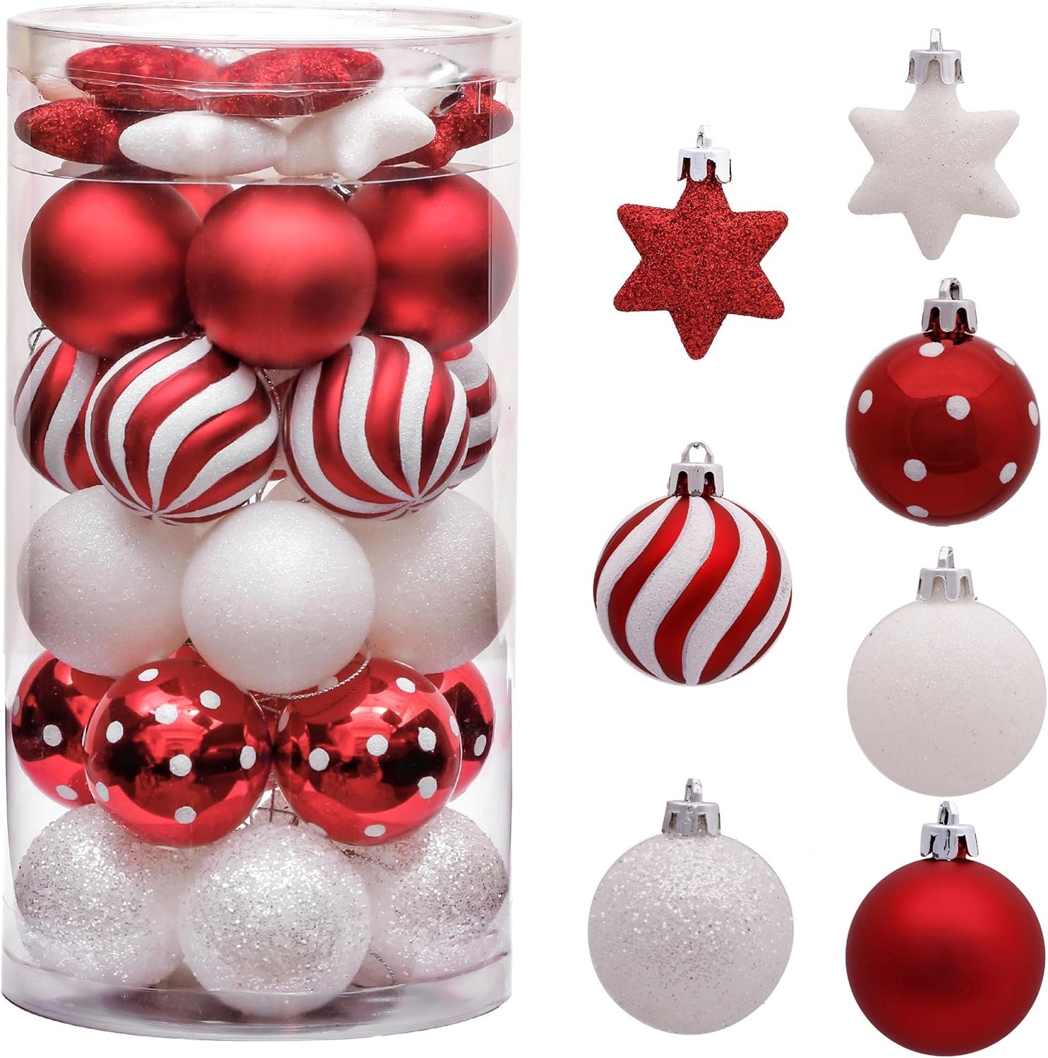 Kerstballen 35 stuks. 4 cm plastic kerstballen set, kerstboomversiering decoratie kerstboomversiering voor feesten, huisdecoratie thema rood wit (M)