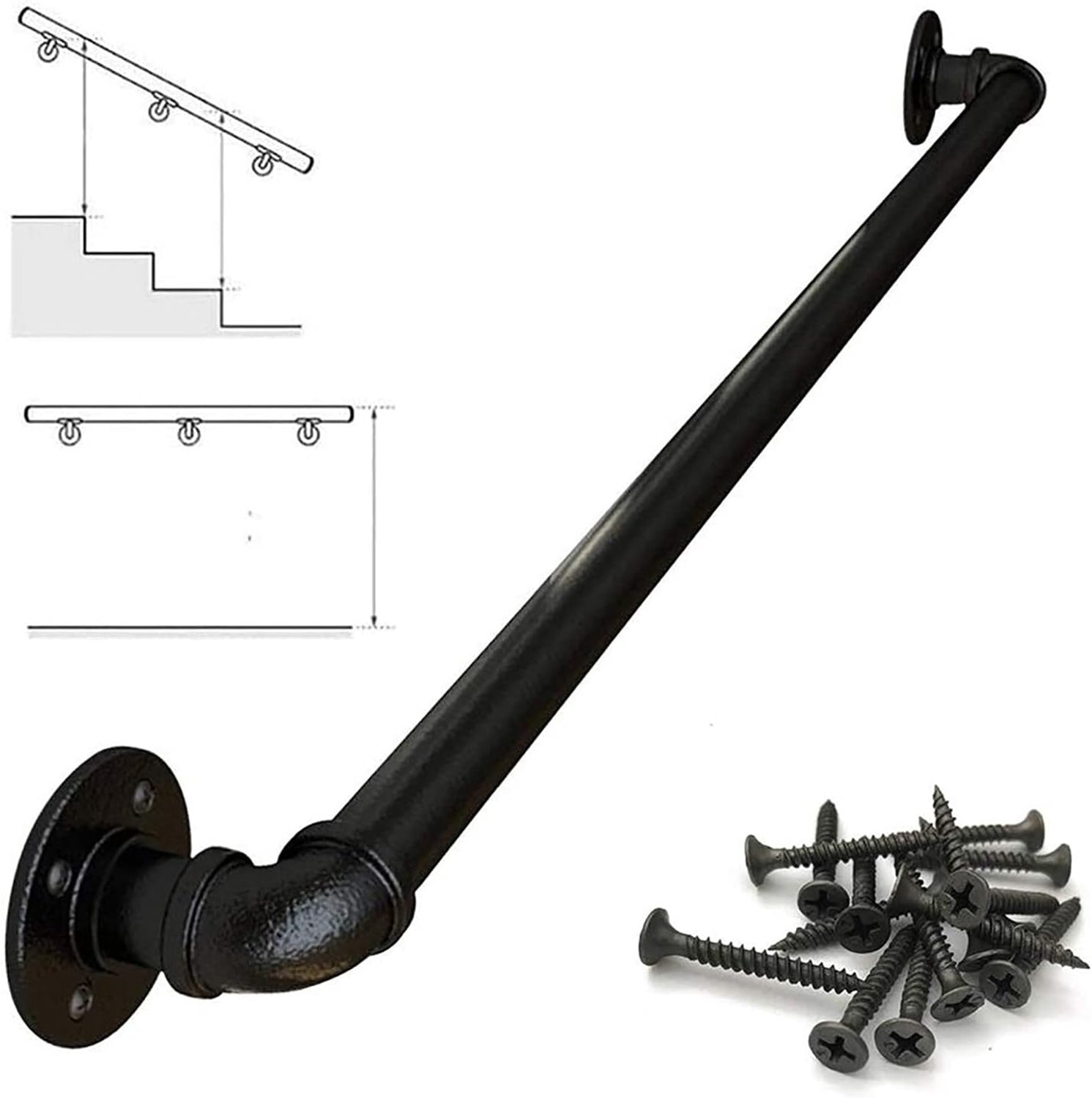 Trapleuning leuning - Complete set, Stair Industrial Black Pipe leuning met muurbevestiging, Home Against The Wall Indoor en Outdoor loft Ouderenleuningen (Maat: 10ft)