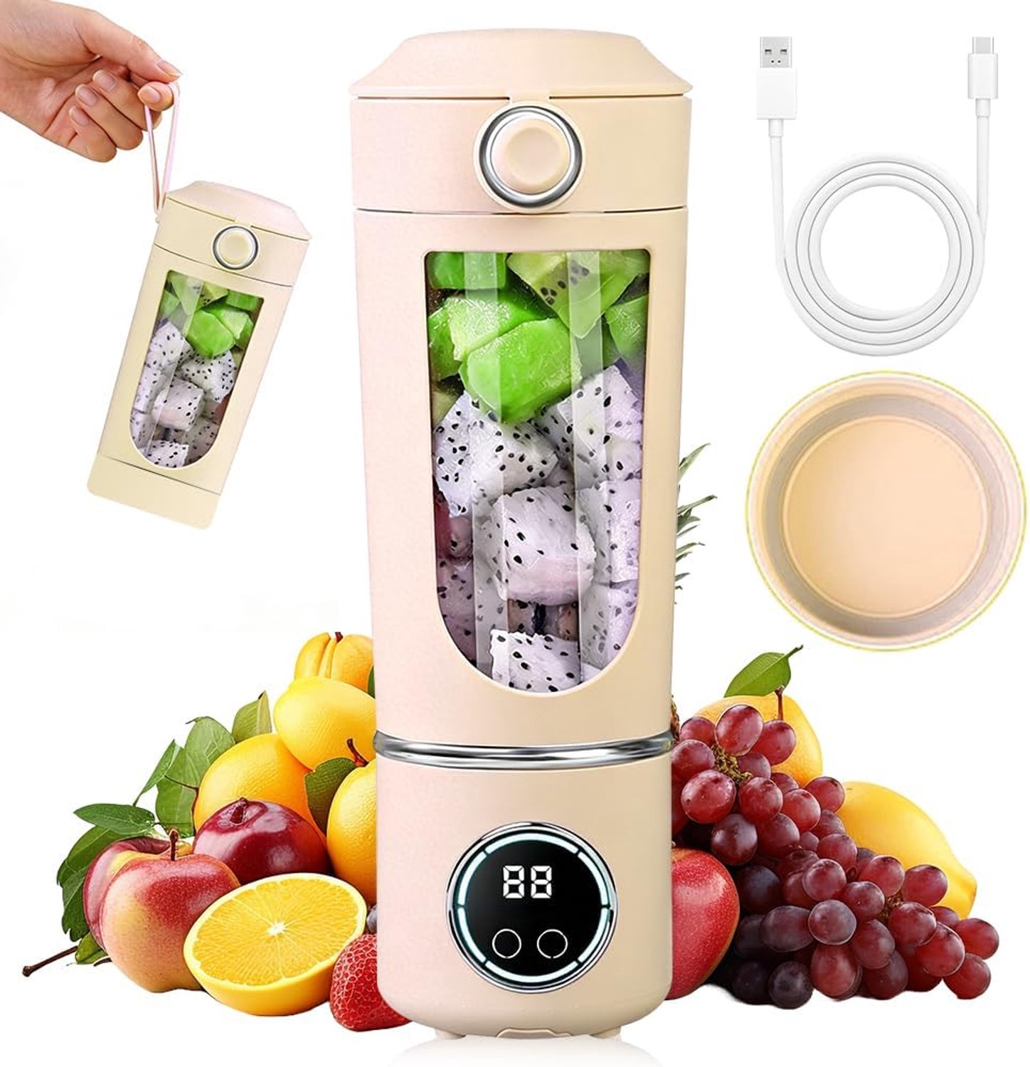 Blender, smoothiemaker, 700 ml, draagbare blender met led-display, 12 messen, kleine mixer voor shakes en smoothies, oplaadbare mini-standmixer voor sport, reizen, beige