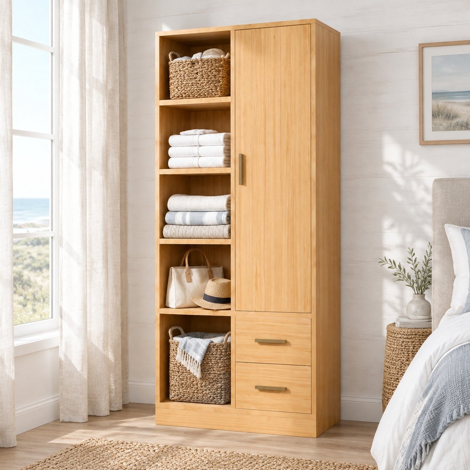 Wishdor Kledingkast met één deur en twee kledingroedes - Open vakken en legplanken - Twee laden voor kleine spullen - Modern voor slaapkamer kinderkamer en logeerkamer - Houtkleur - 70 x 50 x 170 cm