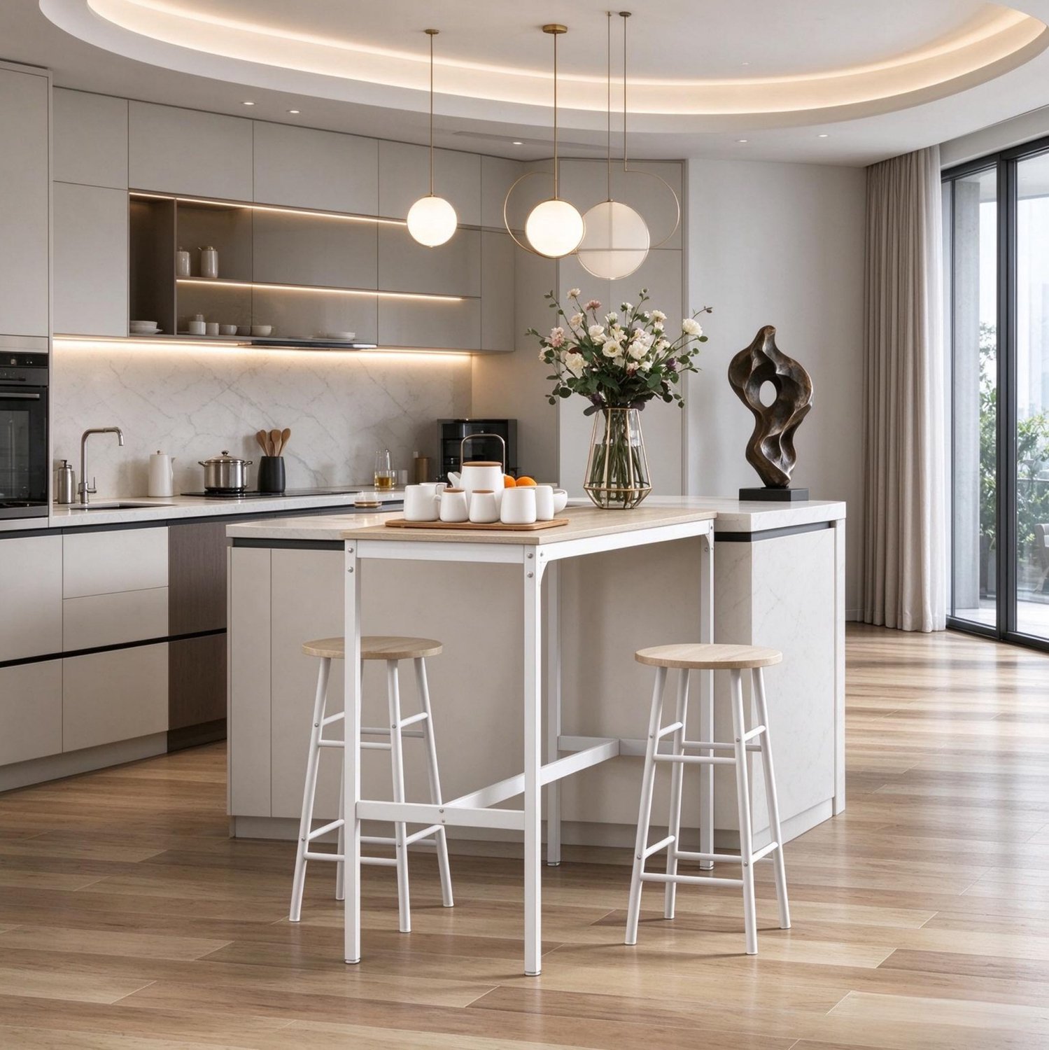 CHICFURN Bartafelset - 2 barkrukken - Krukken onder tafel - Wit en naturel