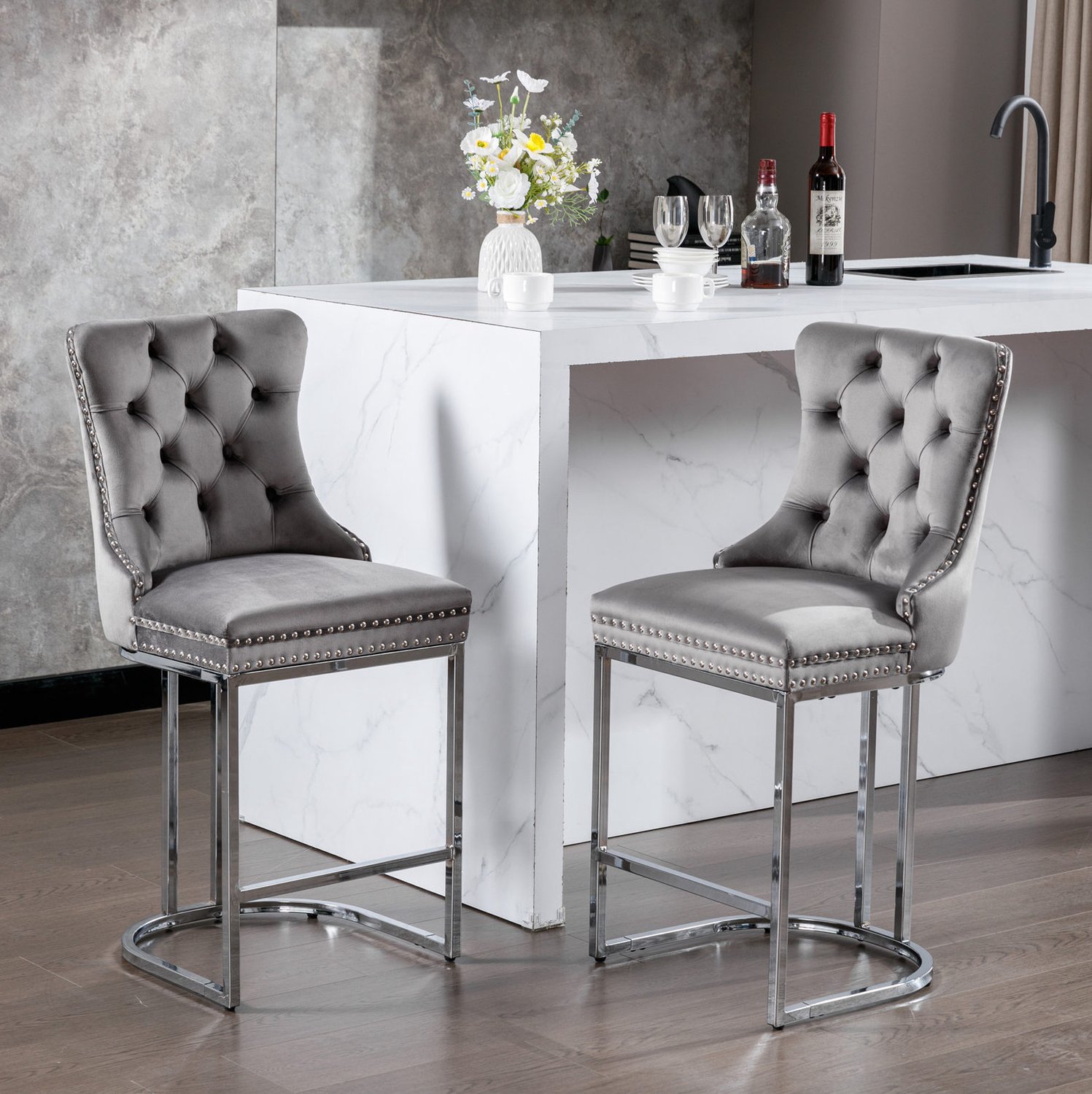 MIVRAY Barkrukken 54 x 46 x 97 cm - Set van 2 met Rugleuning en Voetensteun - Voor Keukeneiland en Thuisbar - Fluweel en Metaal - Grijs