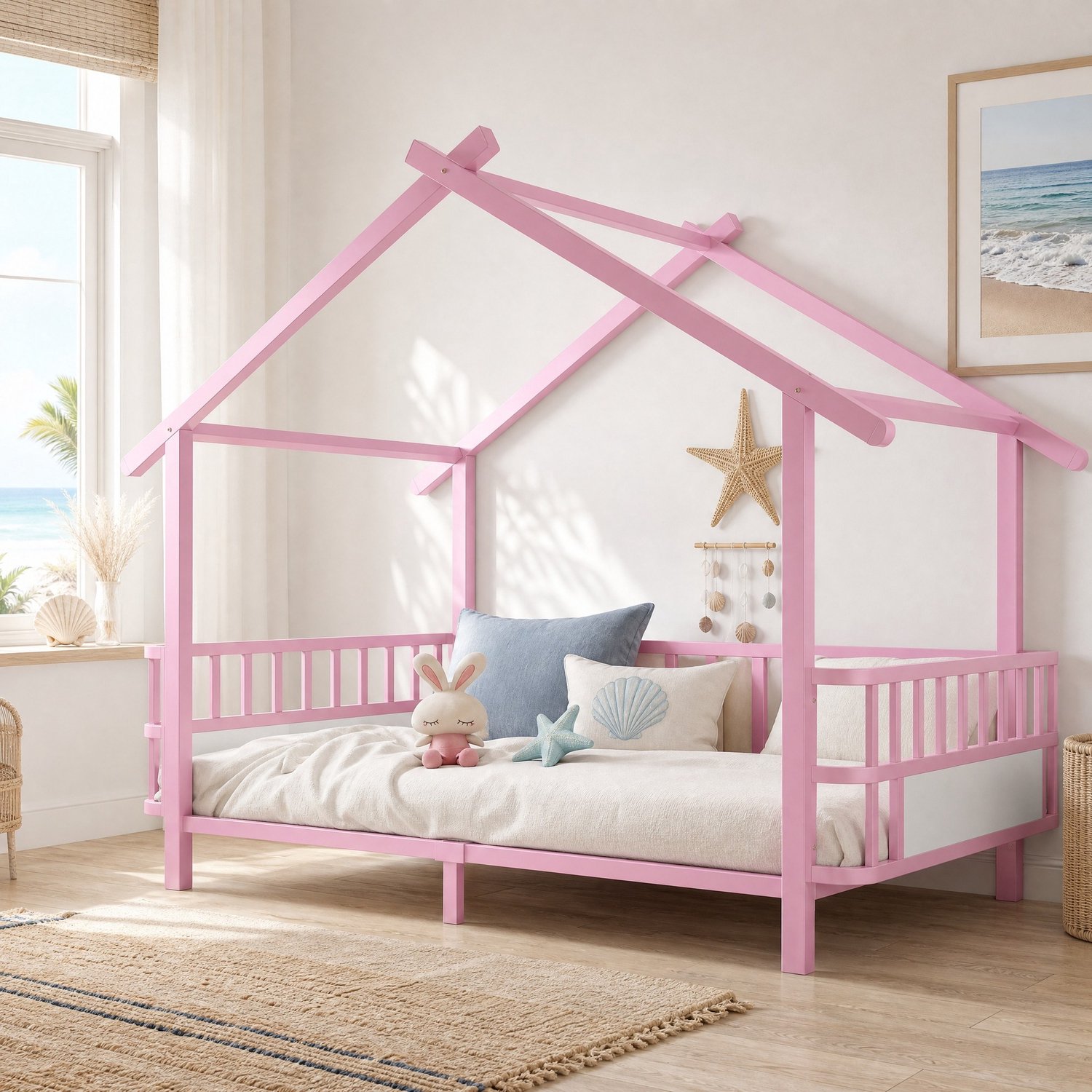Wishdor Kinderbed 90x200 cm - Huisbed met dakvormig frame - Met halfopen veiligheidshek en 15 latten - Metalen bedframe voor de kinderkamer - Roze - Voor jongens en meisjes