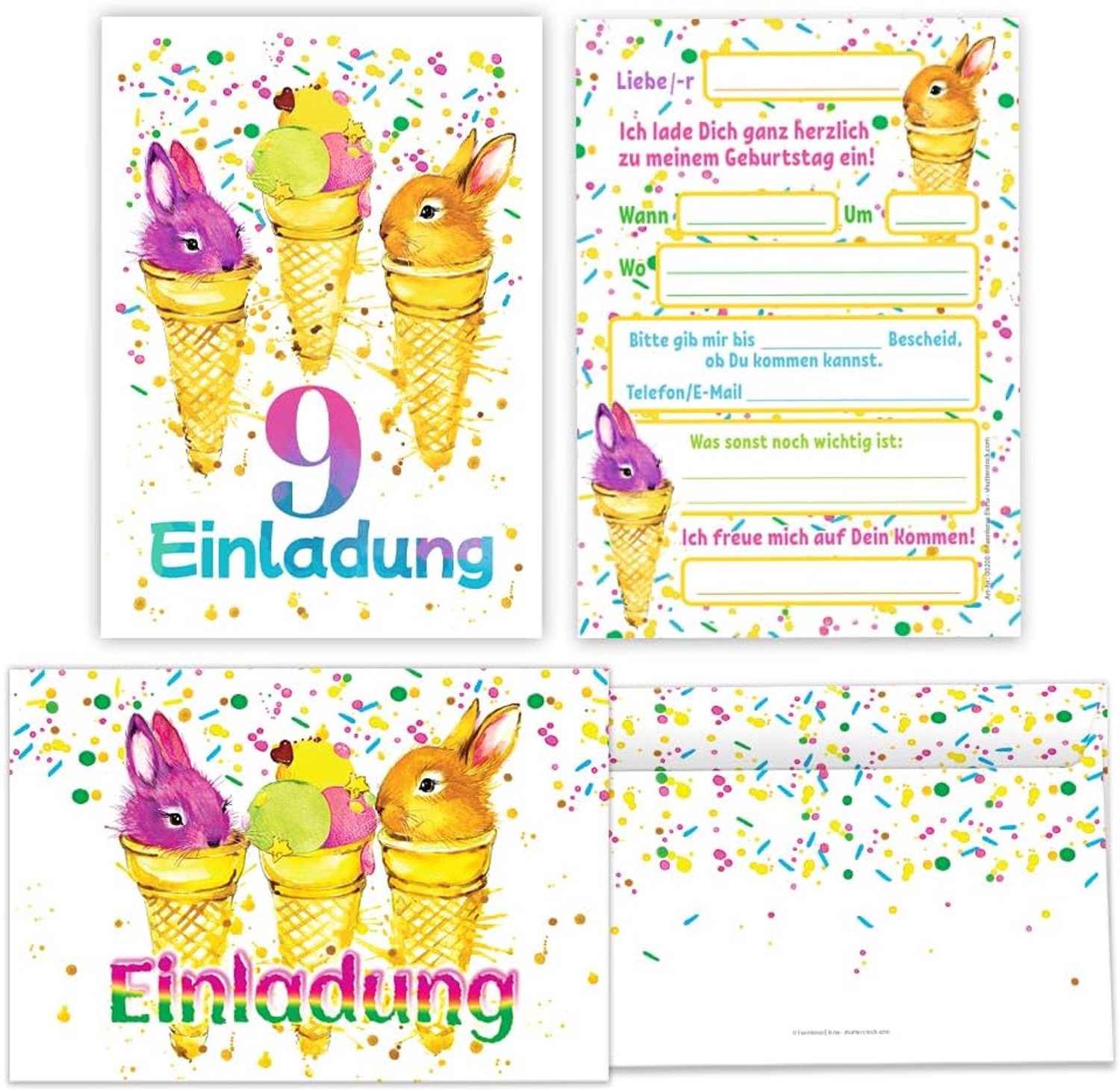 8 uitnodigingskaarten incl. 8 enveloppen 9e kinderverjaardag meisjes jongens konijn coole uitnodigingen negende - Vemera
