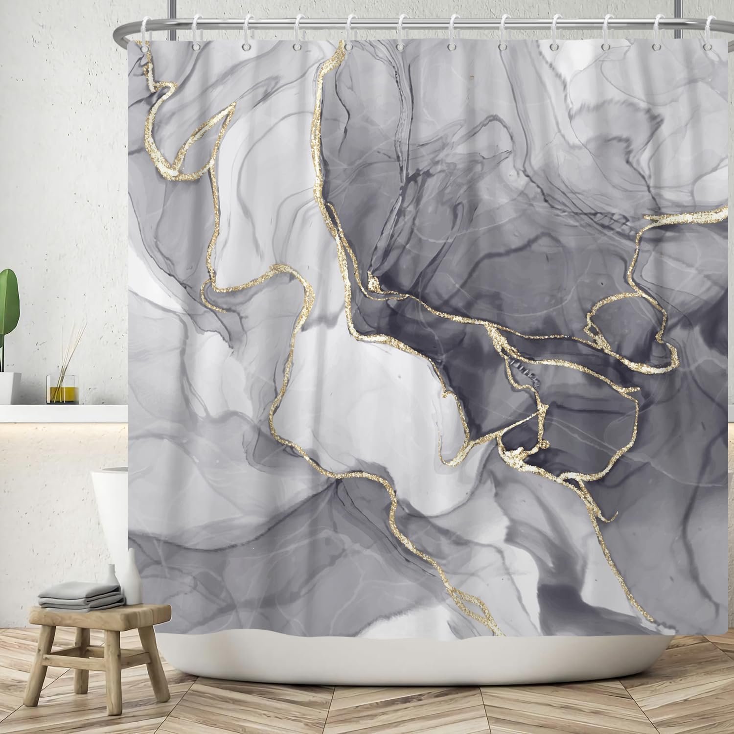 Marmeren douchegordijn 240 x 180 cm modern abstract grijs goud wit marmer look getextureerd wasbaar badkamer - Homevero