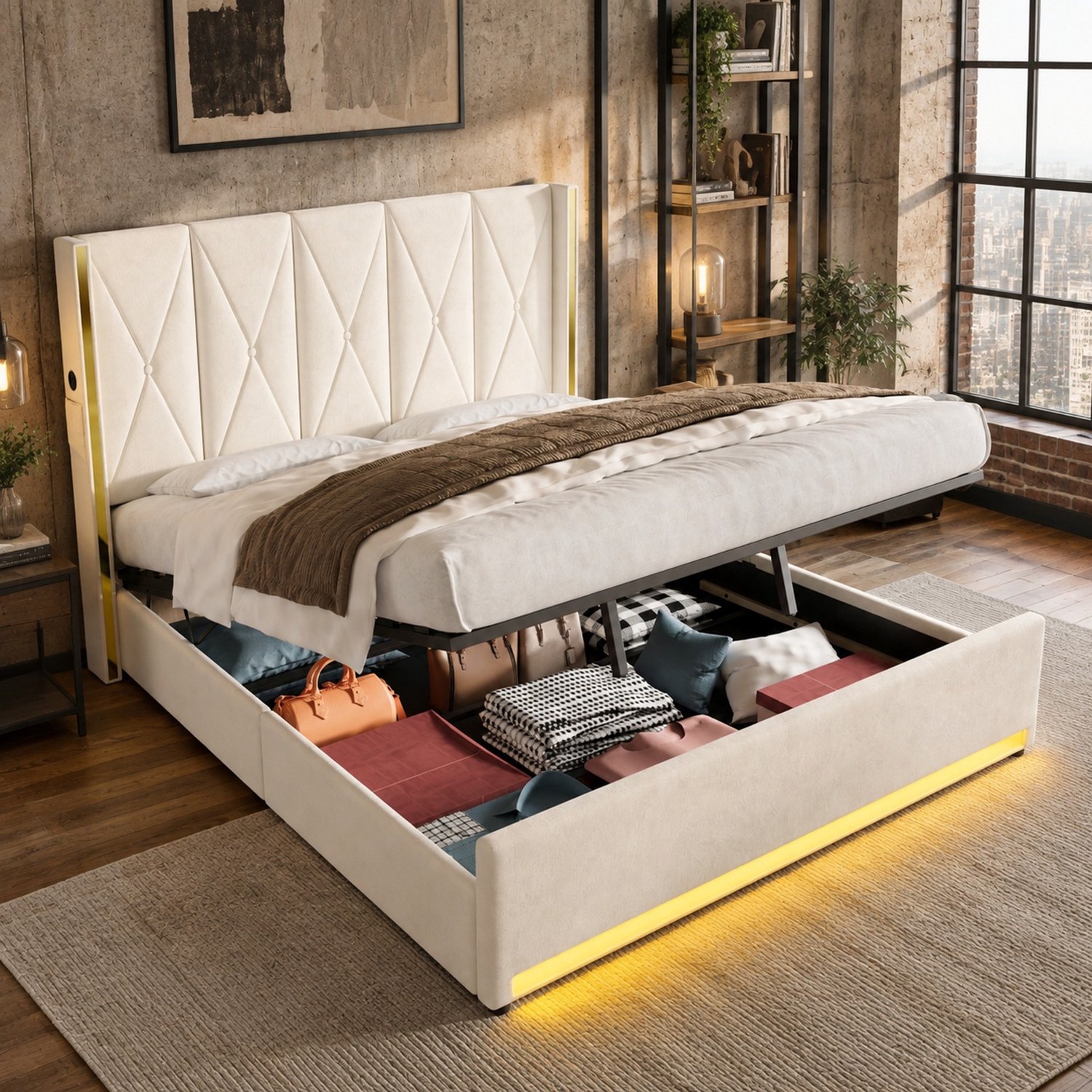WUVRIE Gestoffeerd bed 180x200 cm - Hydraulische opbergruimte, USB en LED - Beige