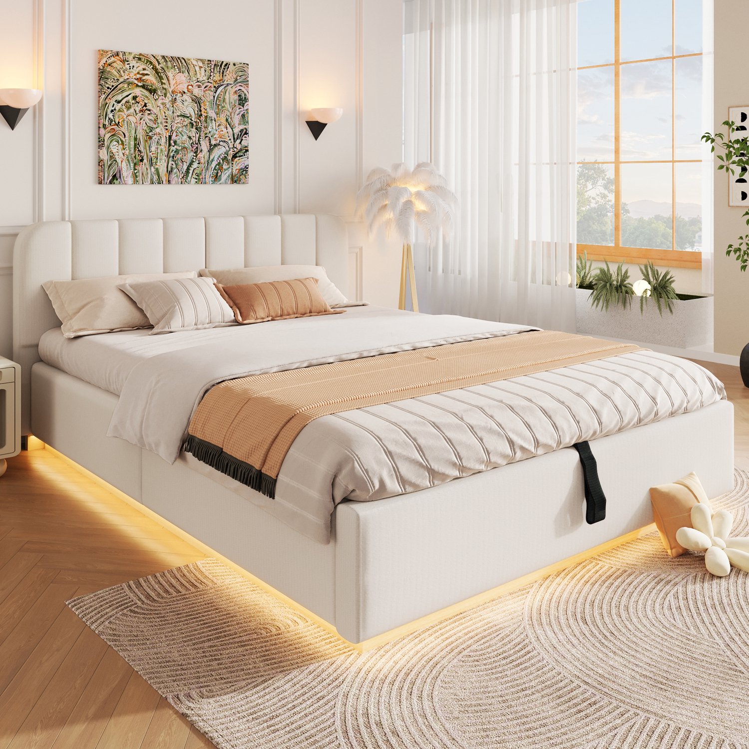 STILVORA Gestoffeerd Bed 140x200 cm – Tweepersoonsbed met Lattenbodem – Hydraulische Opbergruimte en Ledverlichting – Zonder Matras – Beige
