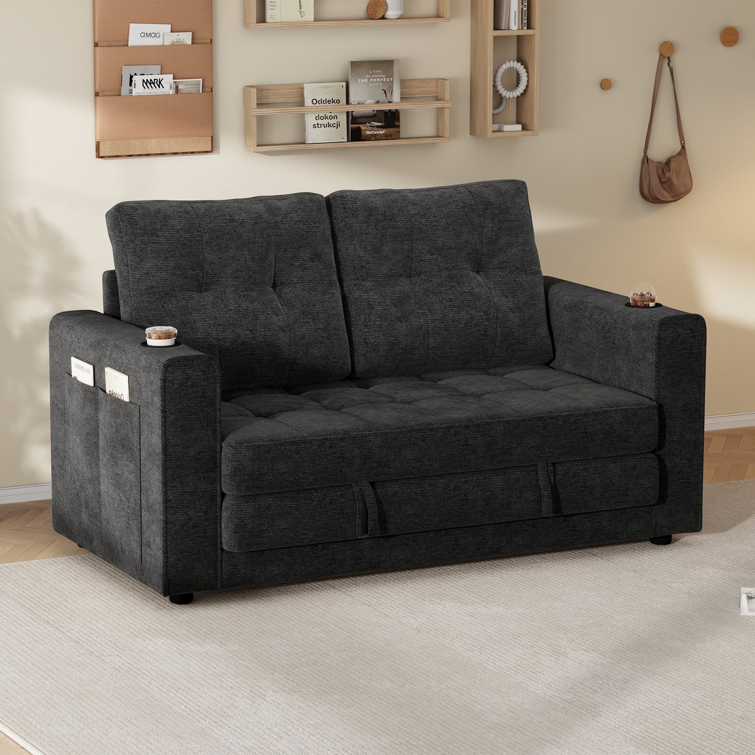 MIVRAY Slaapbank 141 x 79 x 93 cm - Uitklapbaar met Bekerhouders en Zijvakken - Voor Woonkamer en Logeerkamer - Chenille - Grijs