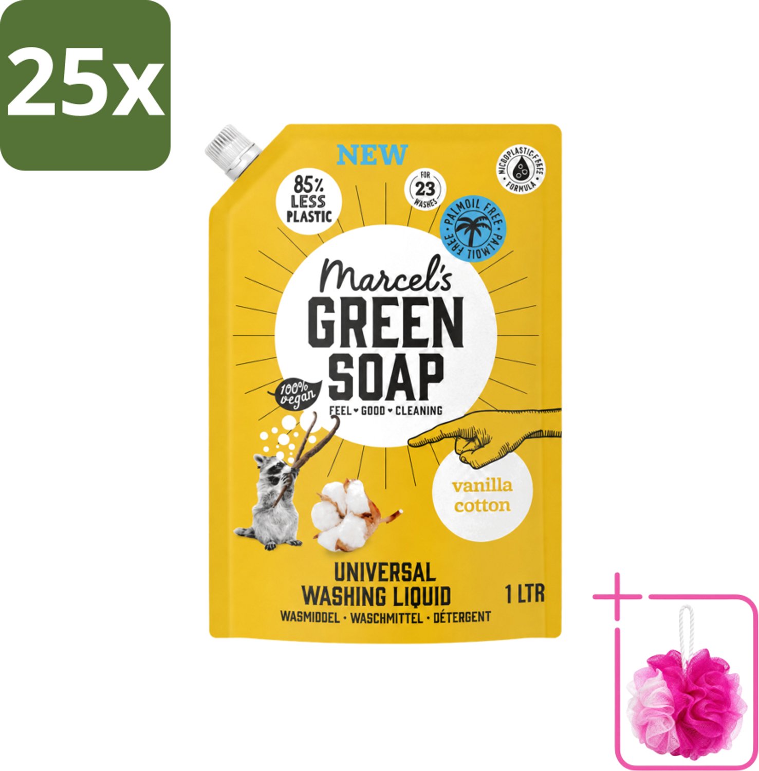 25 x Marcel's Green Soap - Vloeibaar Wasmiddel - Navulling - Vanille & Katoen - Effectief & natuurlijk - 23 Wasbeurten - 1 liter - Bulkverpakking - Wasmiddel - Douchemop - Natuurlijk wasmiddel
