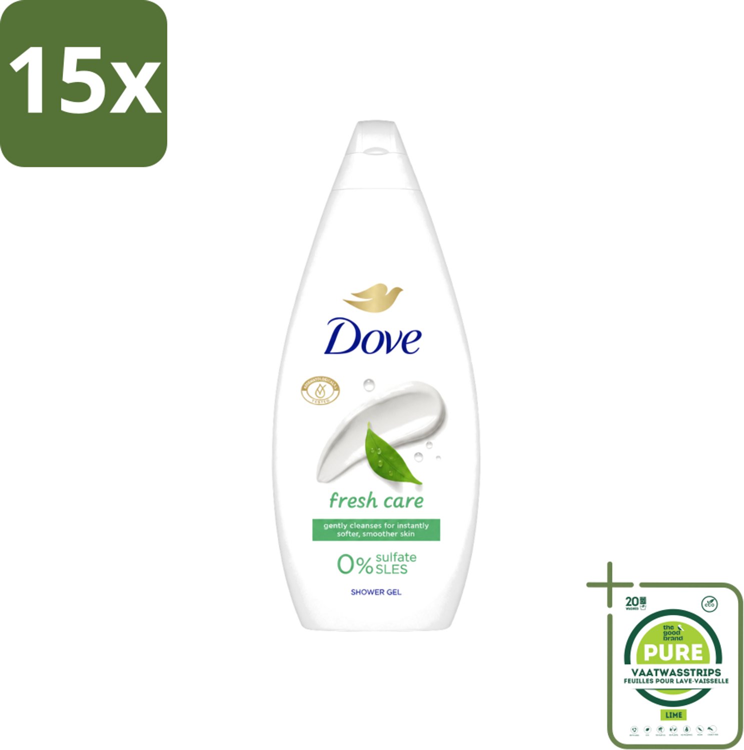 15 x Dove Douchecrème - Fresh Care - 720 ml - Grootverpakking - Vaatwasstrips - Douchecrème - Huid Verzorging - Droge Huid - Hydratatie - Zachte Huid