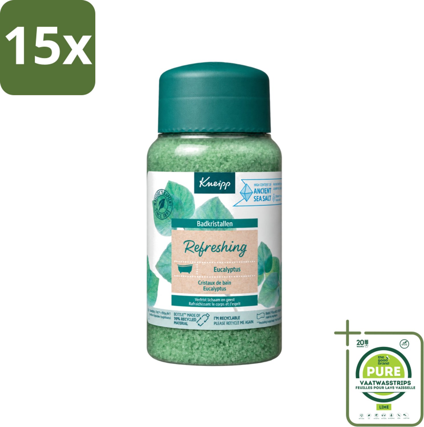15 x Kneipp - Badzout - Badkristallen - Refreshing Eucalyptus - 600 g - Grootverpakking - Vaatwasstrips - Badzout - Badkristallen - Eucalyptus - Mint - Verkwikking