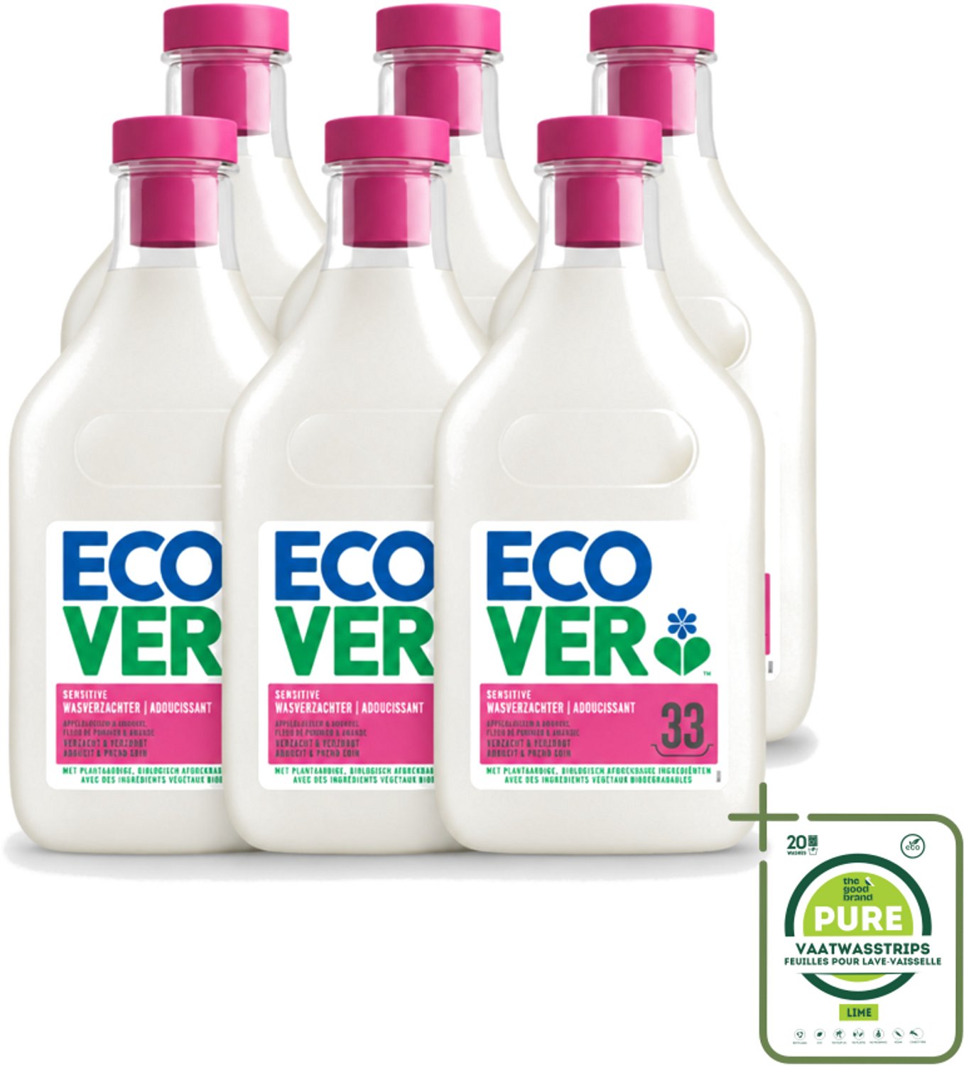 6 x Ecover - Wasverzachter - Appelbloesem & Amandel - 1 liter - Grootverpakking - Vaatwasstrips - Wasverzachter - Natuurlijke Zachtheid - Geur - Wasgoed Verzachten - Plantaardige Wasverzachter