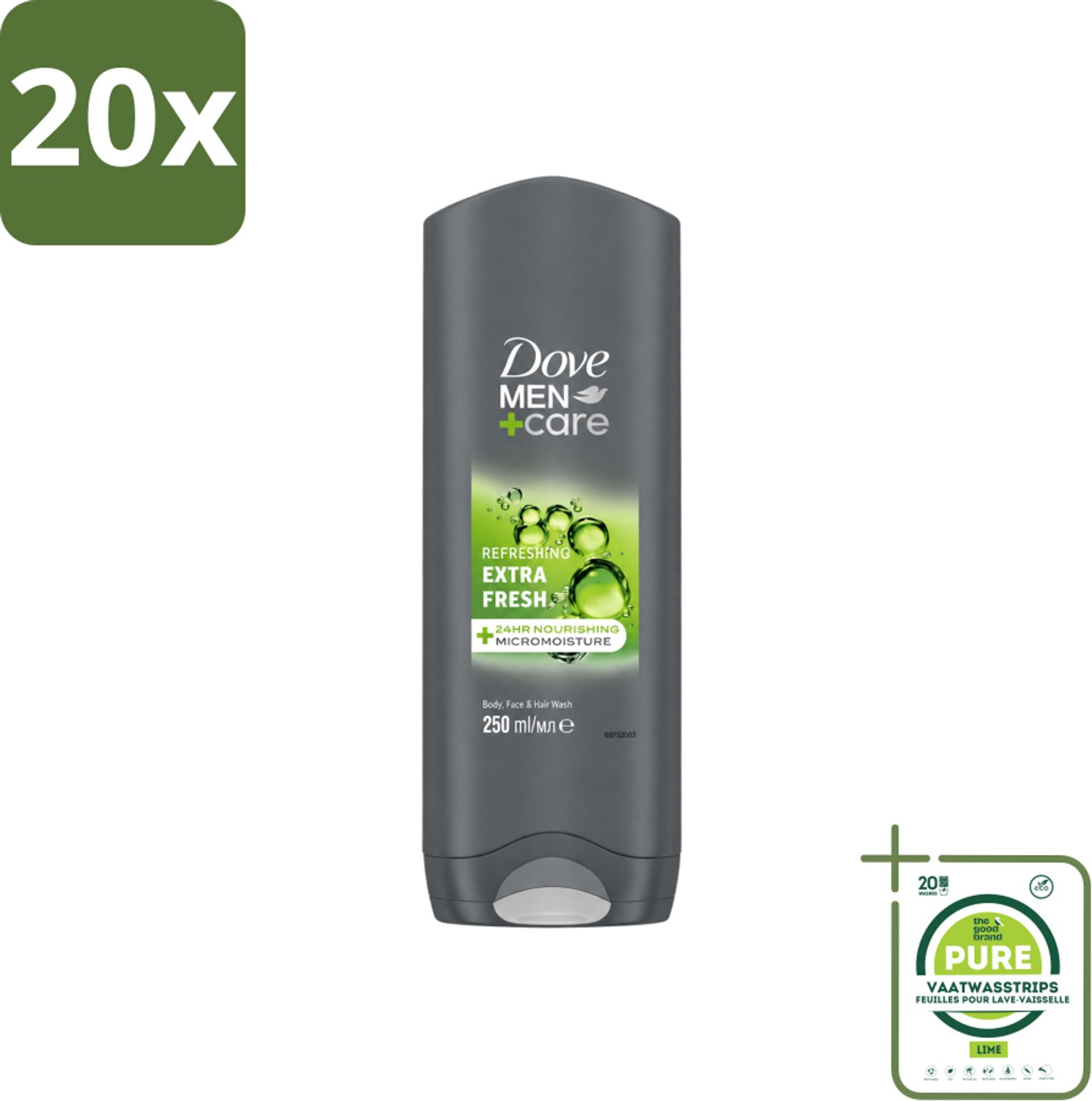 20 x Dove Men+Care Douchegel - Extra Fresh - 250 ml - Grootverpakking - Vaatwasstrips - Douchegel Voor Mannen - Frisse Geur - Huidverzorging - Uitdroging Voorkomen - MICROMOISTURE™ Technologie
