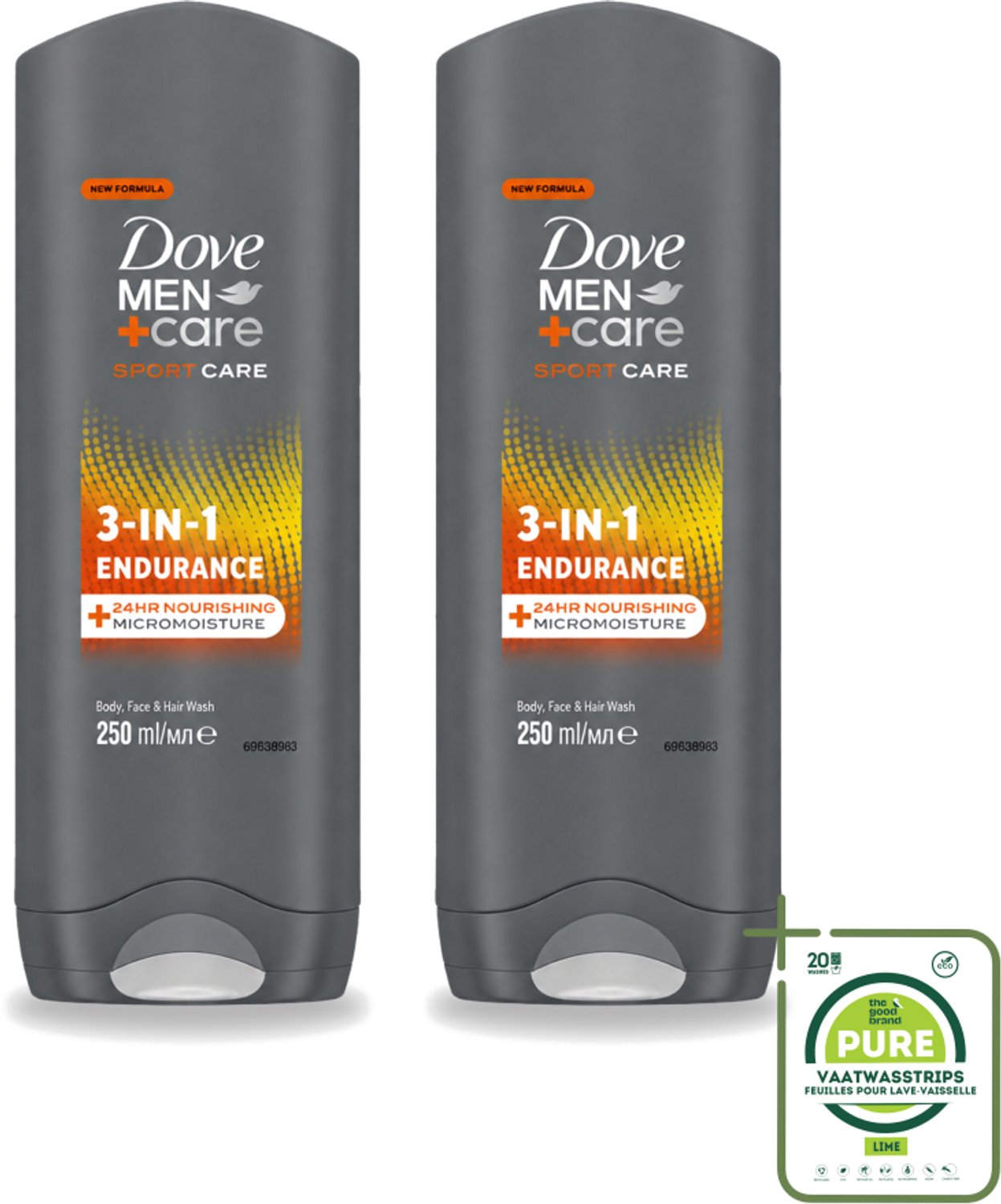2 x Dove Men+Care 3-in-1 Douchegel - Sport - 250 ml - Grootverpakking - Vaatwasstrips - Sportverzorging - Lichaamverzorging - Gezichtsverzorging - Haarverzorging - Sportdouchegel