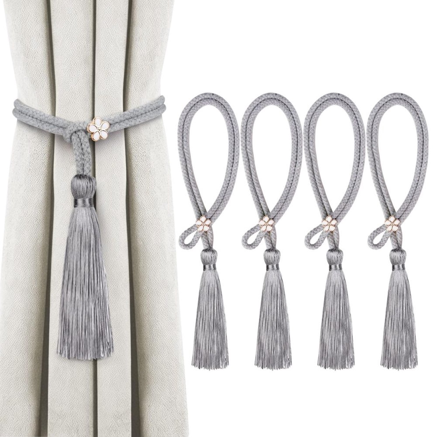Set van 4 Decoratieve Gordijnhouders met Borstels, Grijs