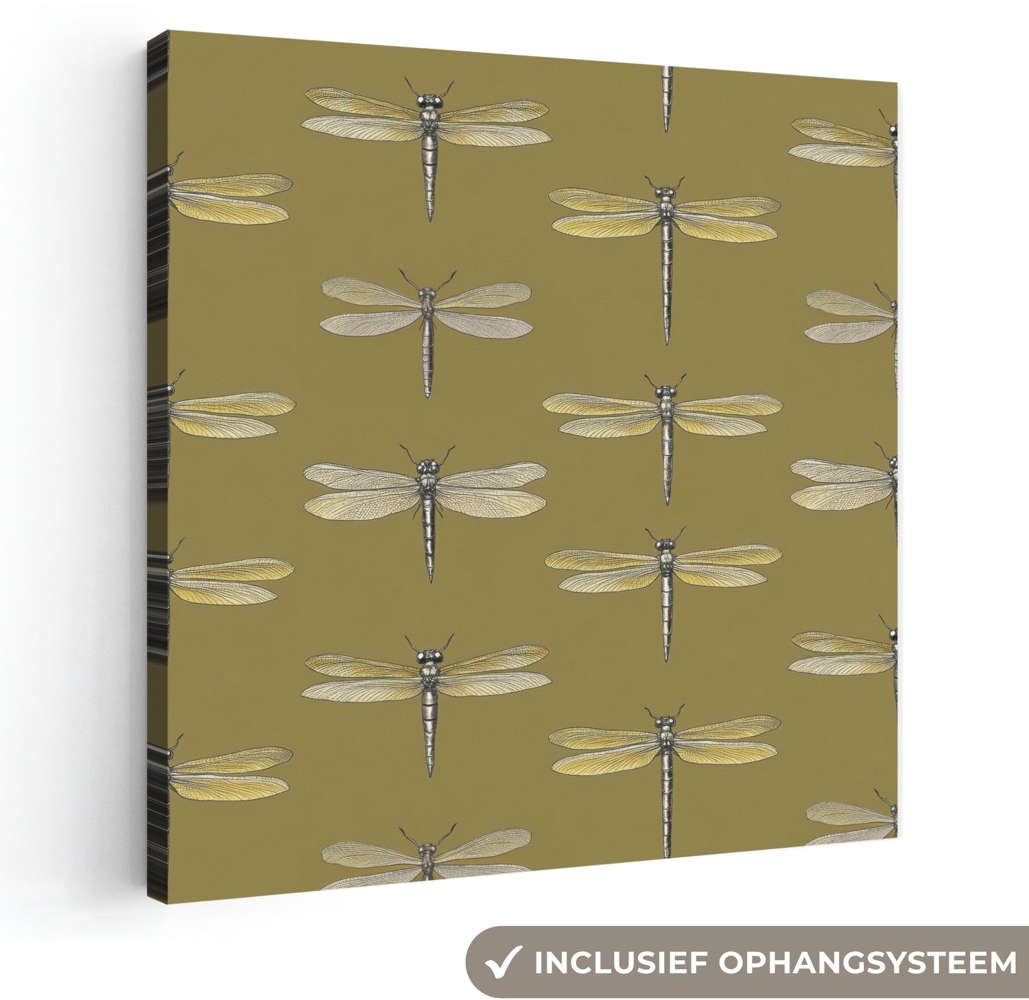 Canvas schilderij 20x20 cm - Exclusieve wanddecoratie Libellen - Patroon - Groen - Muurdecoratie woonkamer - Slaapkamer decoratie - Kamer accessoires - Schilderijen op canvas
