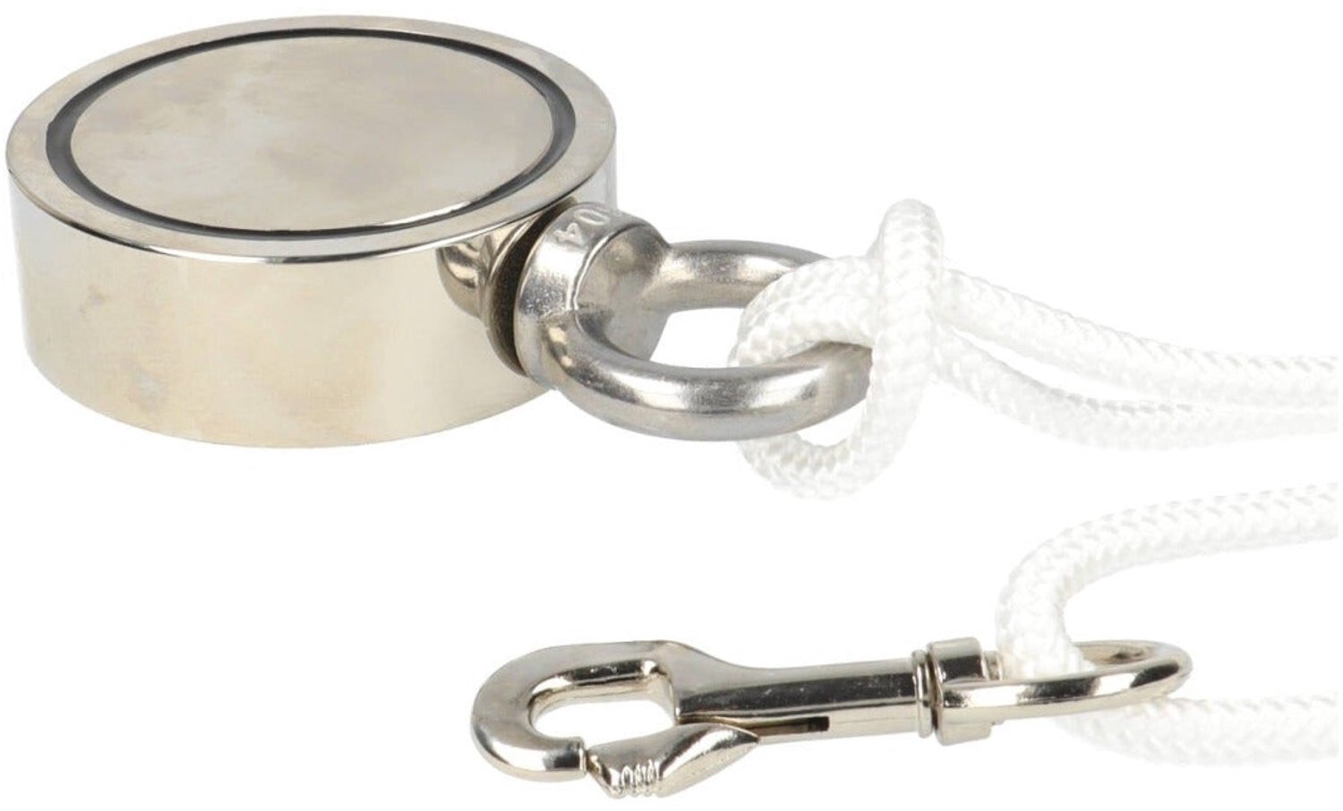 Neodymium Vismagneet Ø75 x 25 mm 250 kg Trekkracht NiCuNi – Set met 25 m Touw, Bout en Musketon