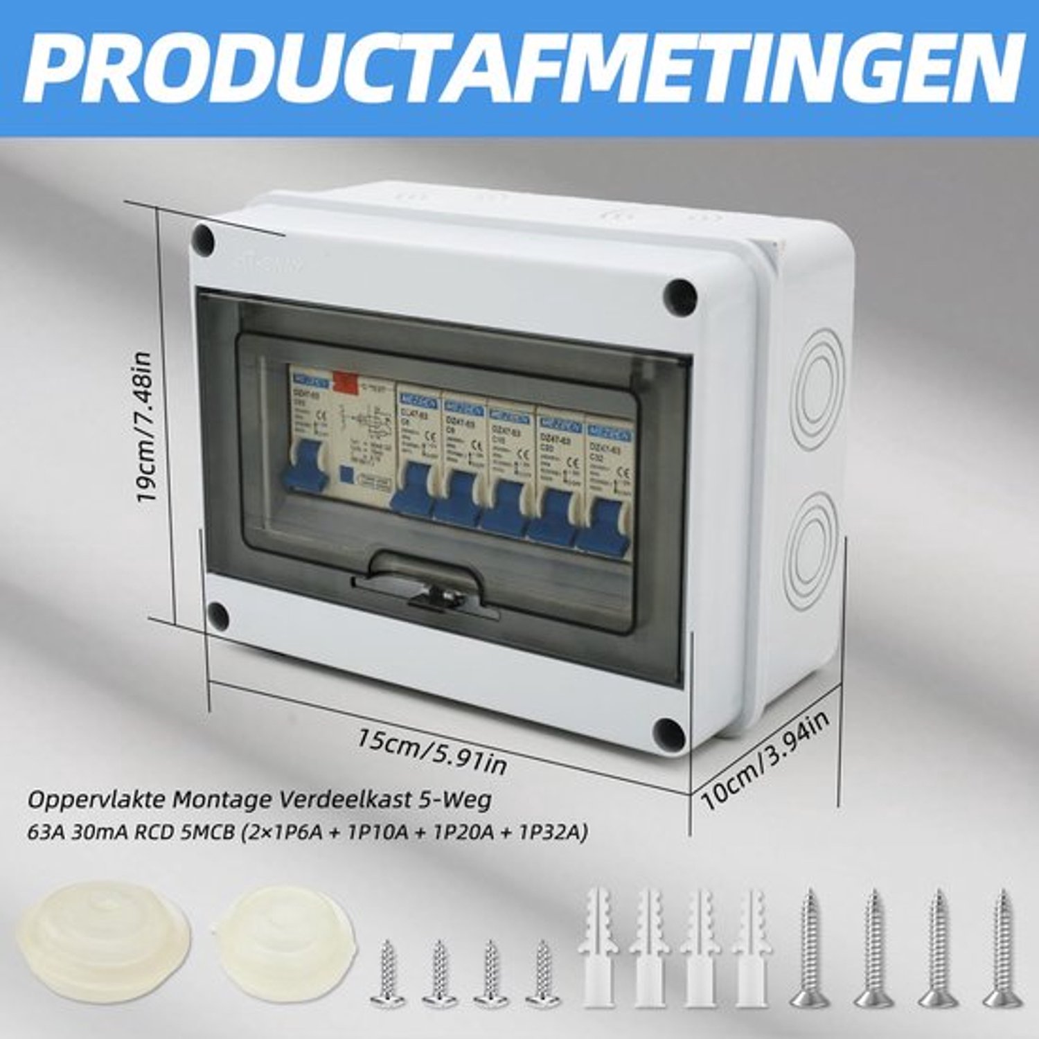 Opbouwverdeelkast 5-weg, IP65 63A RCD MCB