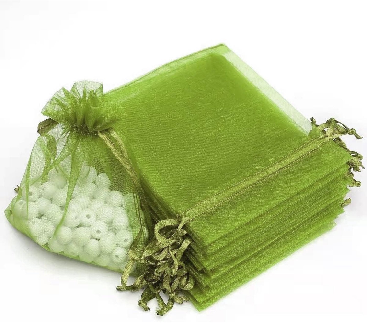 100 Stuks Organza Geschenkzakjes 9 x 12 cm Legergroen met Trekkoord