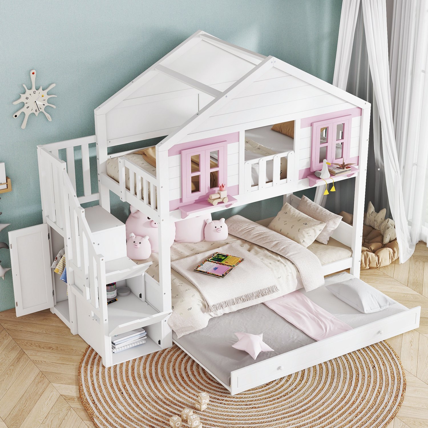 WUVRIE Kinderstapelbed 90x200 cm - Met uitschuifbed, opbergtrap en kledinghanggedeelte - Wit/roze Wit en roze