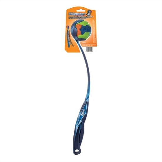 Chuckit! Eco Fetch blauwe werpstok met een groen-oranje bal in de originele verpakking.